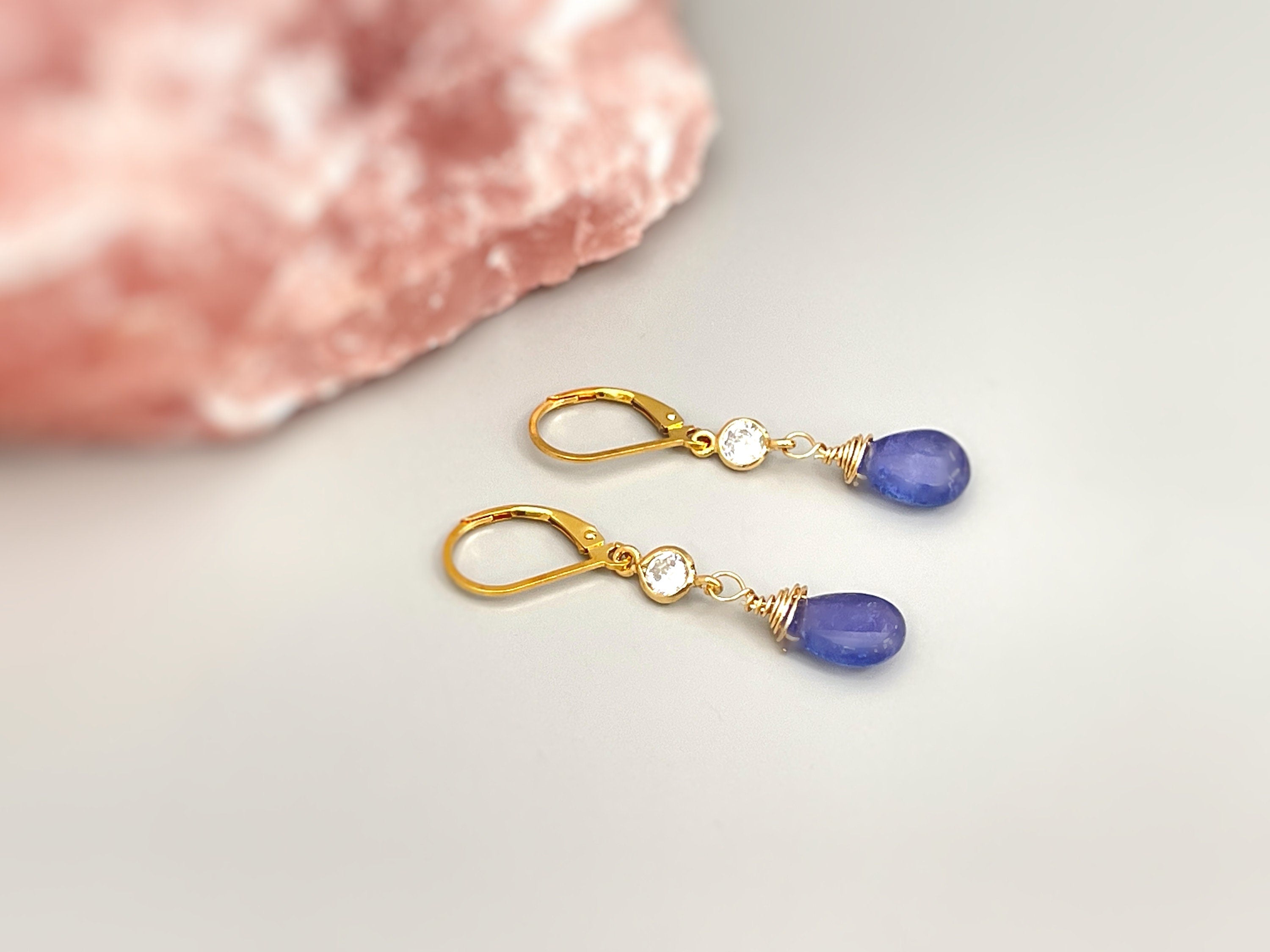 Dainty Tanzanite Earrings dangle, Gold Dangly purple gemstone crystal 14k Handmade December Birthstone Jewelry for women