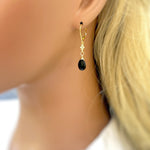 Dainty Crystal and Black Onyx earrings dangle, Sterling Silver