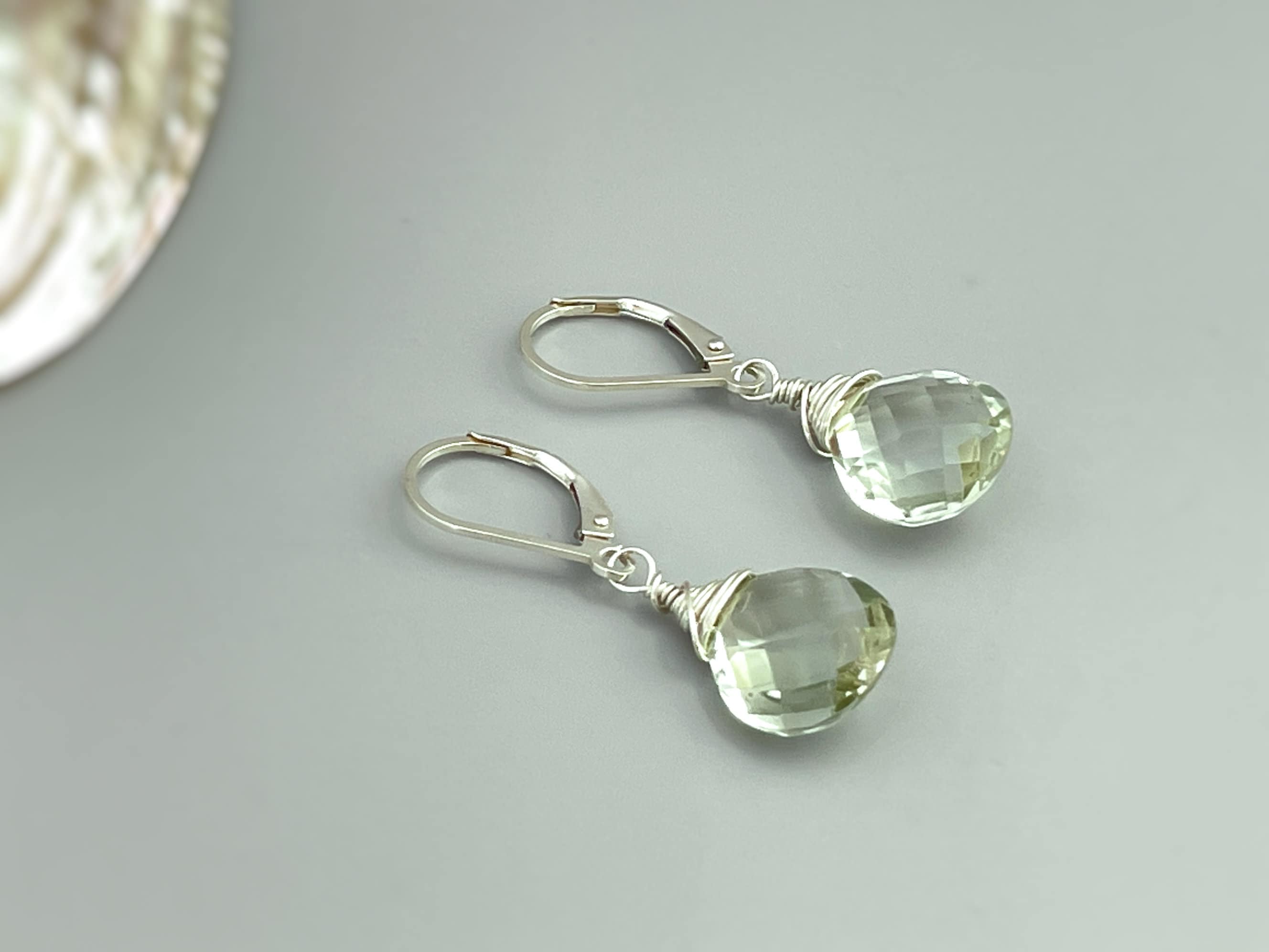Green Amethyst earrings Dangle Sterling Silver, Rose 14k Solid Gold Prasiolite Jewelry