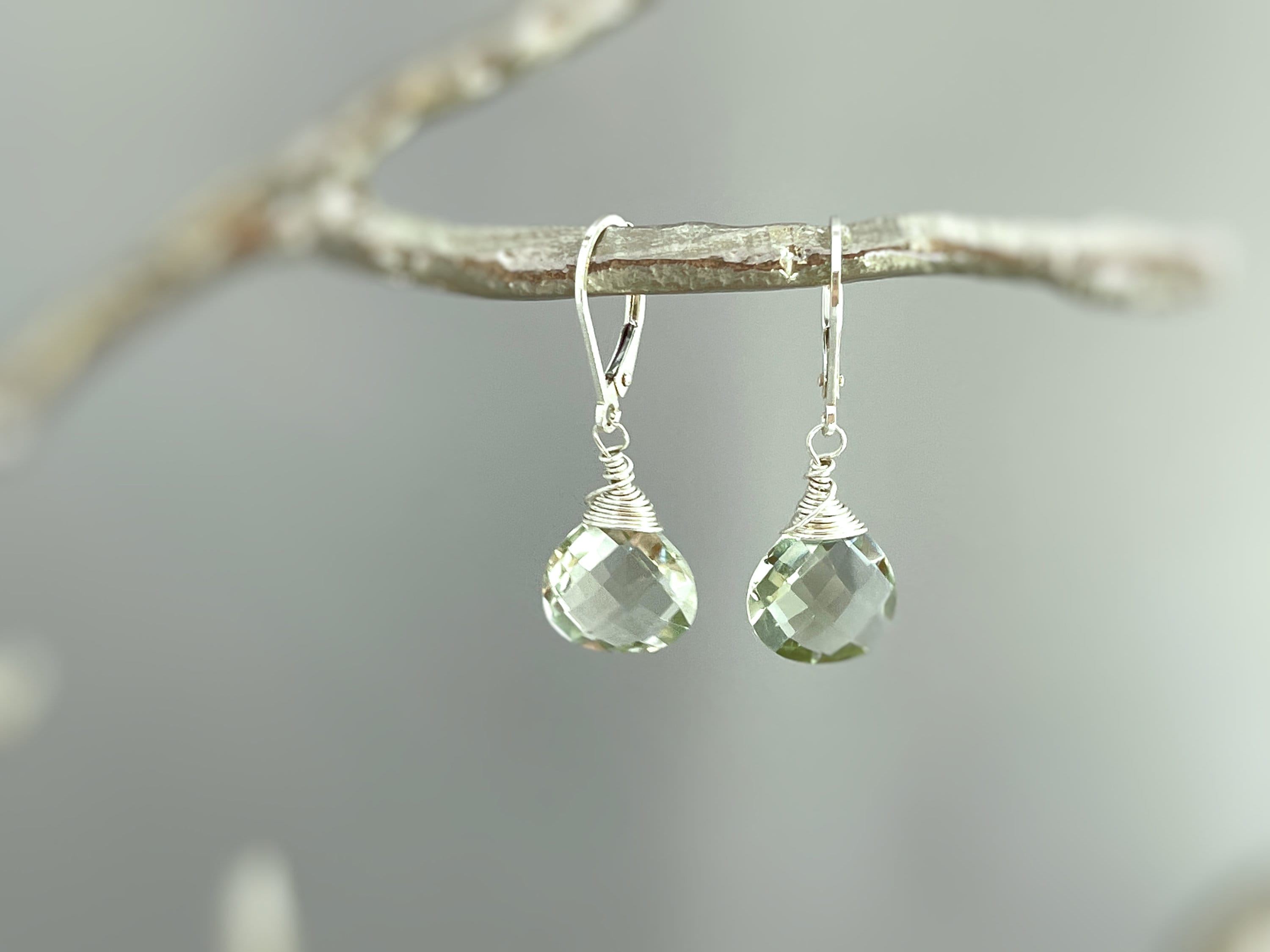 Green Amethyst earrings Dangle Sterling Silver, Rose 14k Solid Gold Prasiolite Jewelry