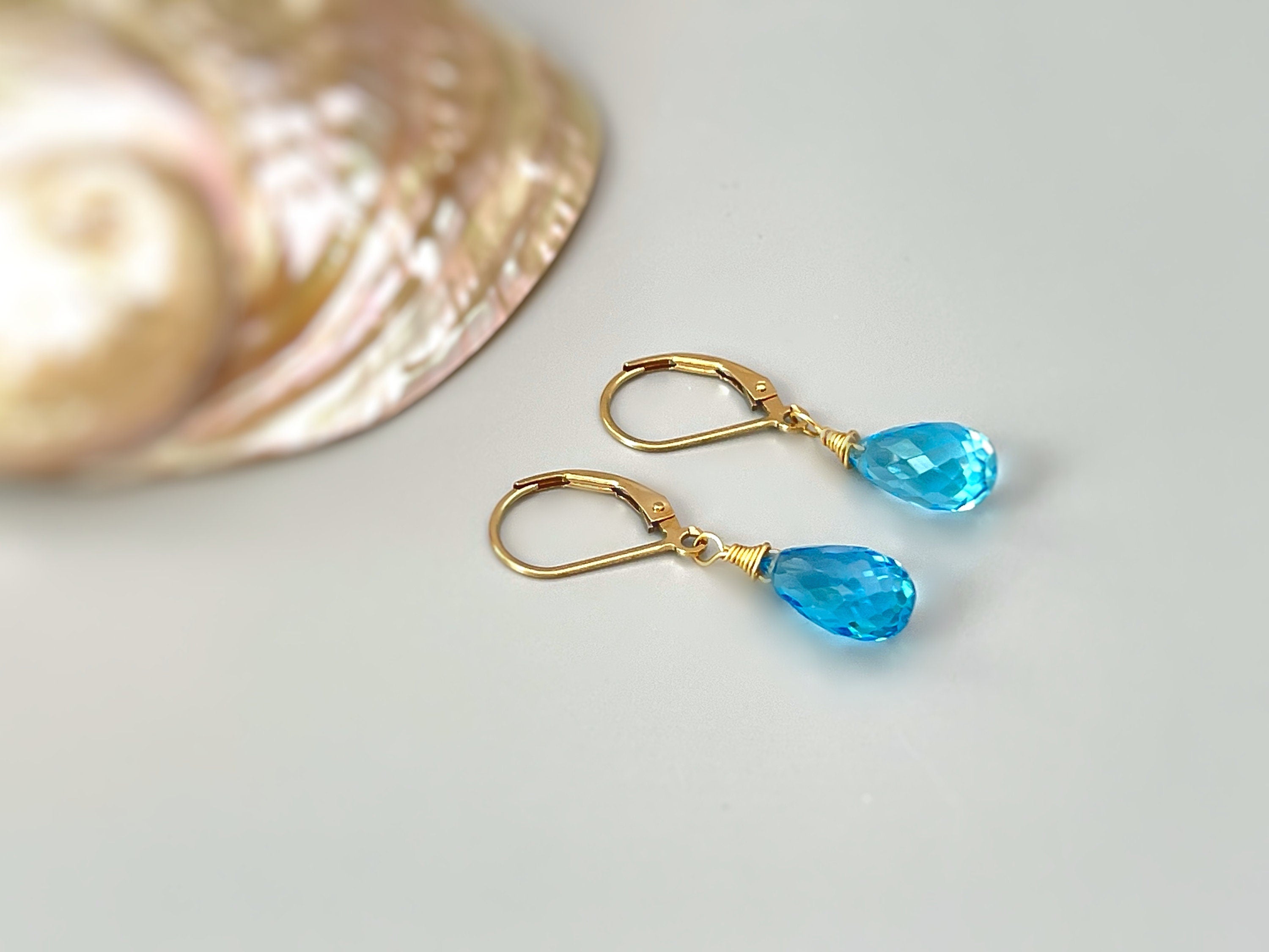 Swiss Blue Topaz earrings dangle, solid 14k Gold, silver, rose gold