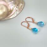 Swiss Blue Topaz earrings dangle, solid 14k Gold, silver, rose gold