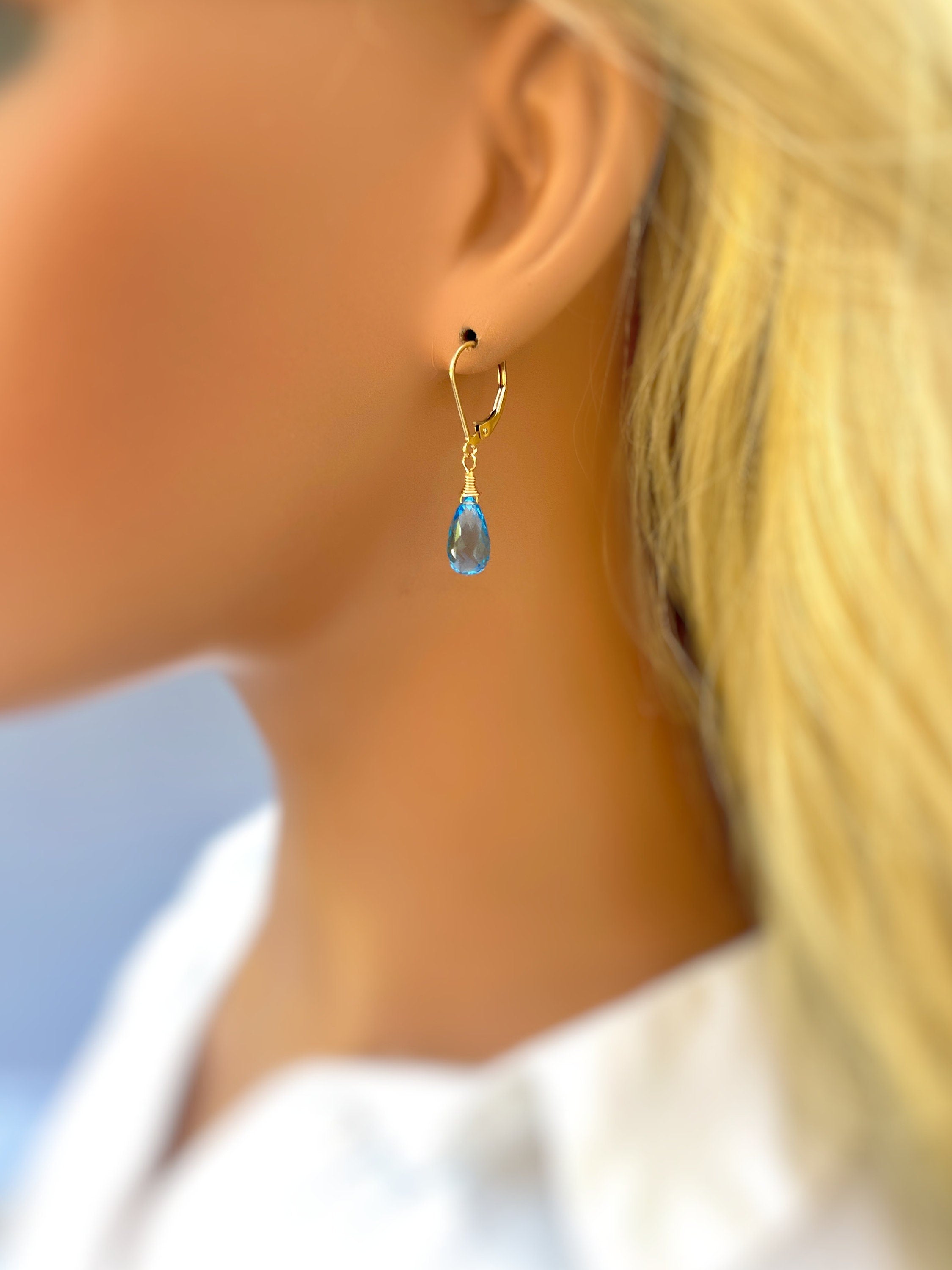 Swiss Blue Topaz earrings dangle, solid 14k Gold, silver, rose gold