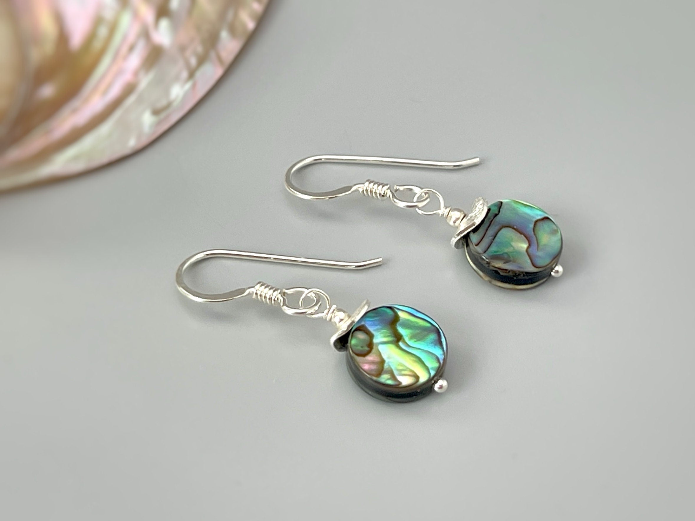 Dainty Abalone Shell Earrings dangle gold