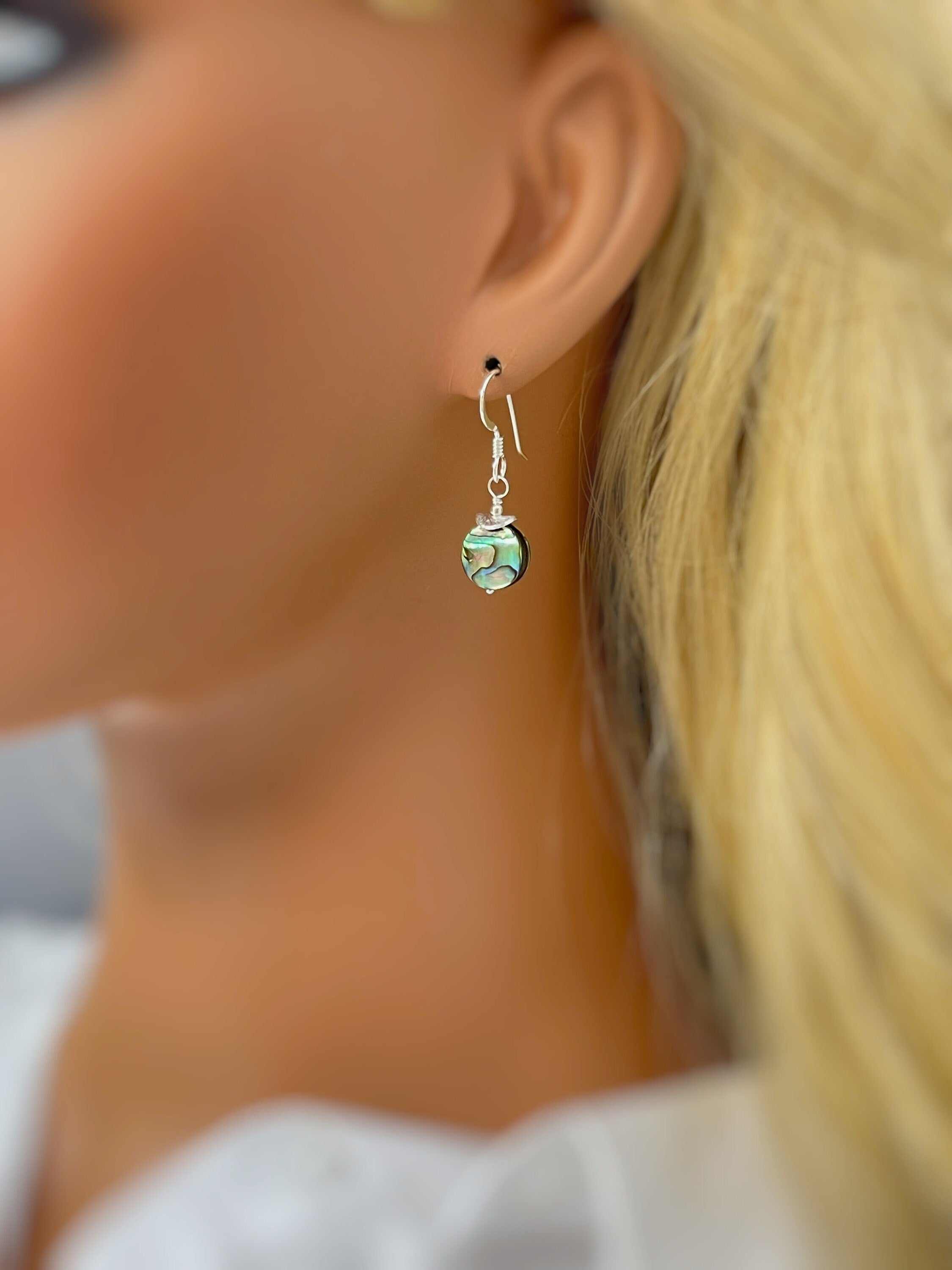 Dainty Abalone Shell Earrings dangle gold