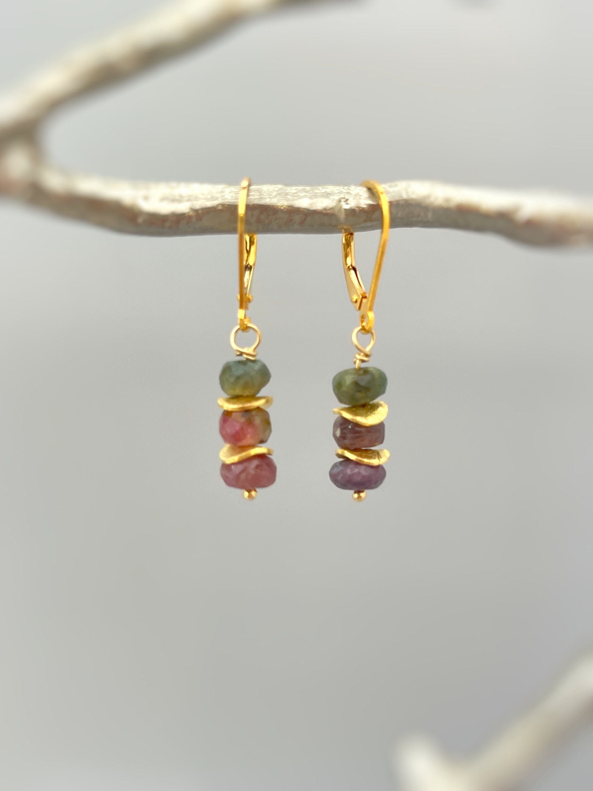 Watermelon Tourmaline Earrings dangle, 14k gold boho gemstone jewelry