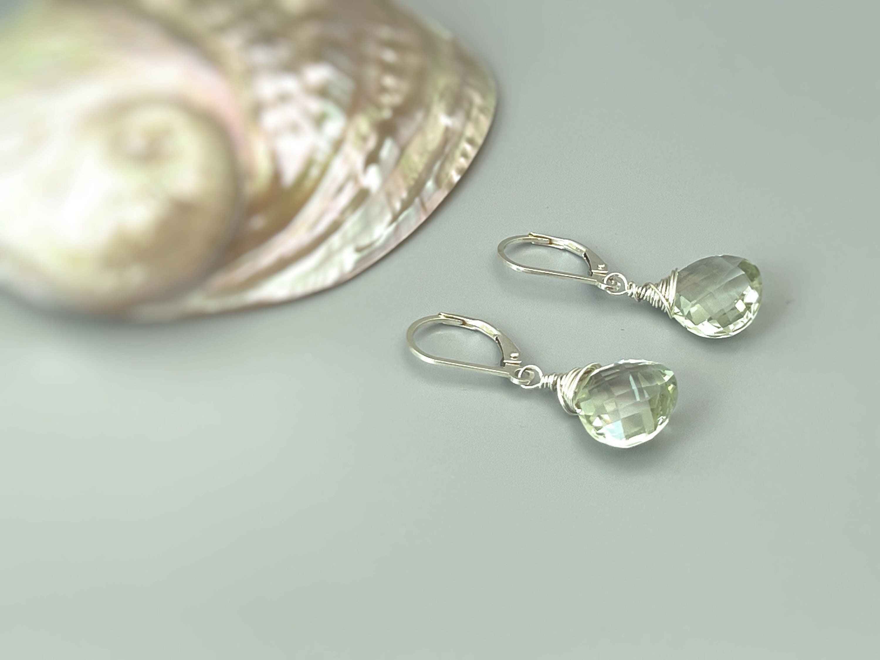 Green Amethyst earrings Dangle Sterling Silver, Rose 14k Solid Gold Prasiolite Jewelry