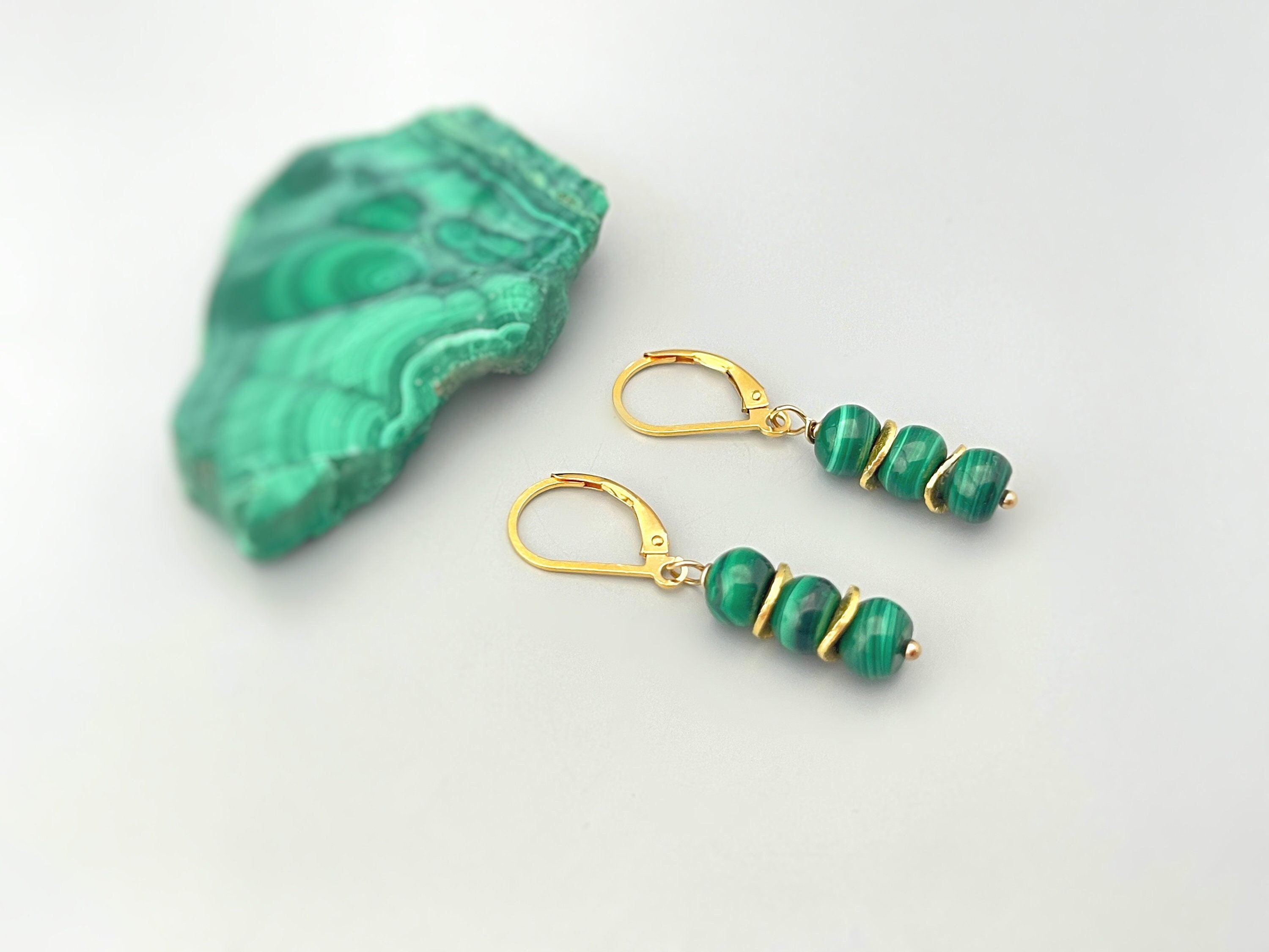 Lightweight Malachite earrings dangle gold