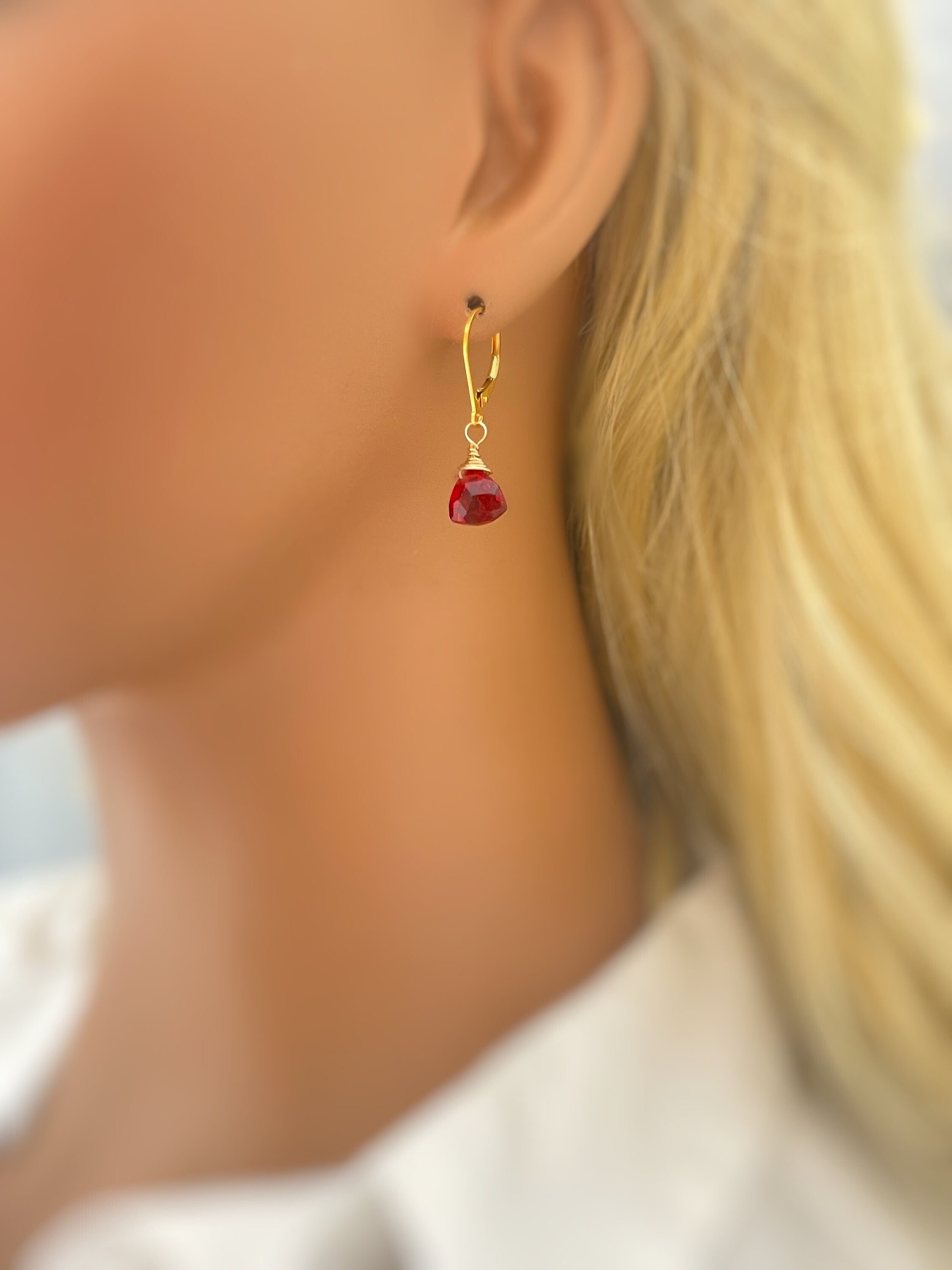 Ruby Red Gemstone Earrings dangle 14k gold, Sterling Silver, Rose Gold Dainty tear drop Quartz crystal dangly Handmade Birthstone Jewelry