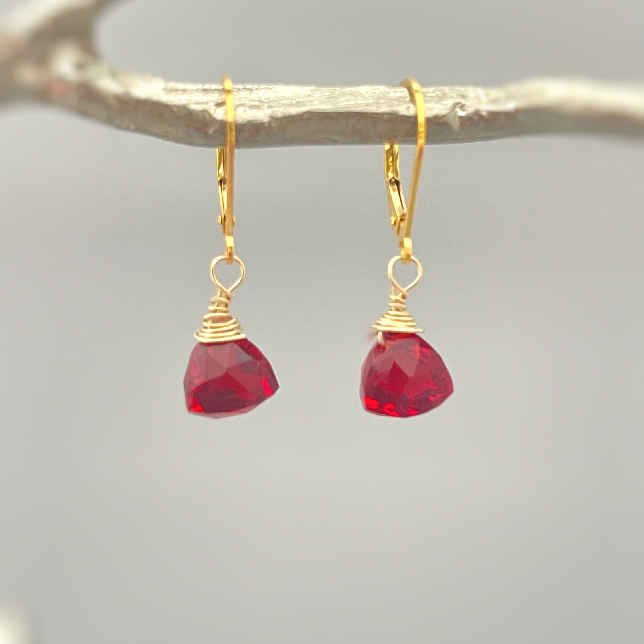 Ruby Red Gemstone Earrings dangle 14k gold, Sterling Silver, Rose Gold Dainty tear drop Quartz crystal dangly Handmade Birthstone Jewelry