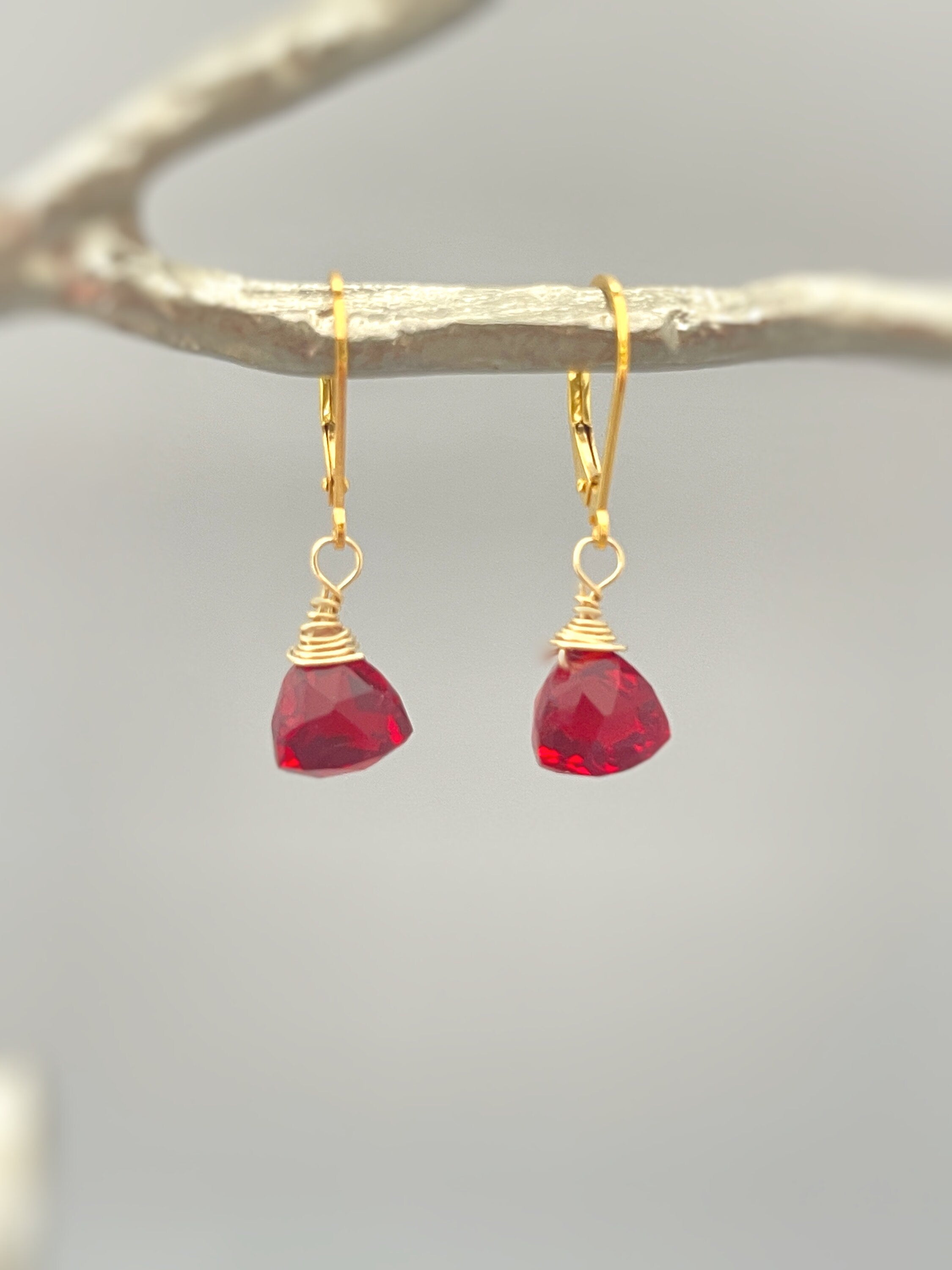 Ruby Red Gemstone Earrings dangle 14k gold, Sterling Silver, Rose Gold Dainty tear drop Quartz crystal dangly Handmade Birthstone Jewelry