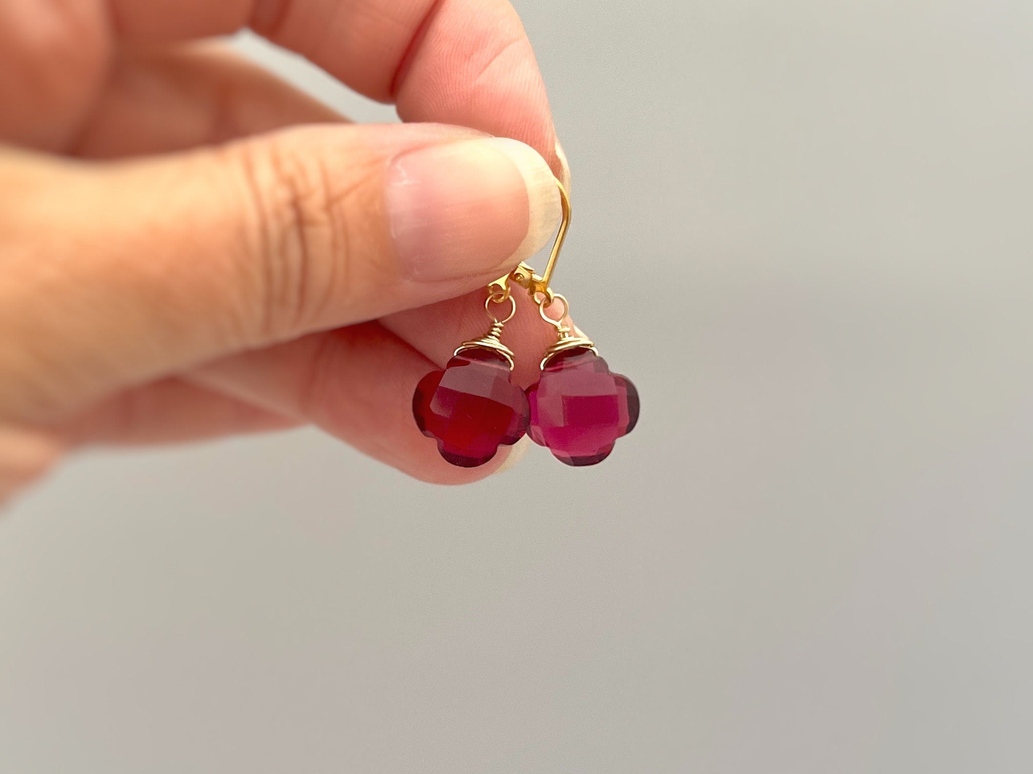 Ruby Red Clover Earrings 14k Gold, Sterling Silver dangle drop Silver Unique Customizable Handmade Gemstone jewelry for women