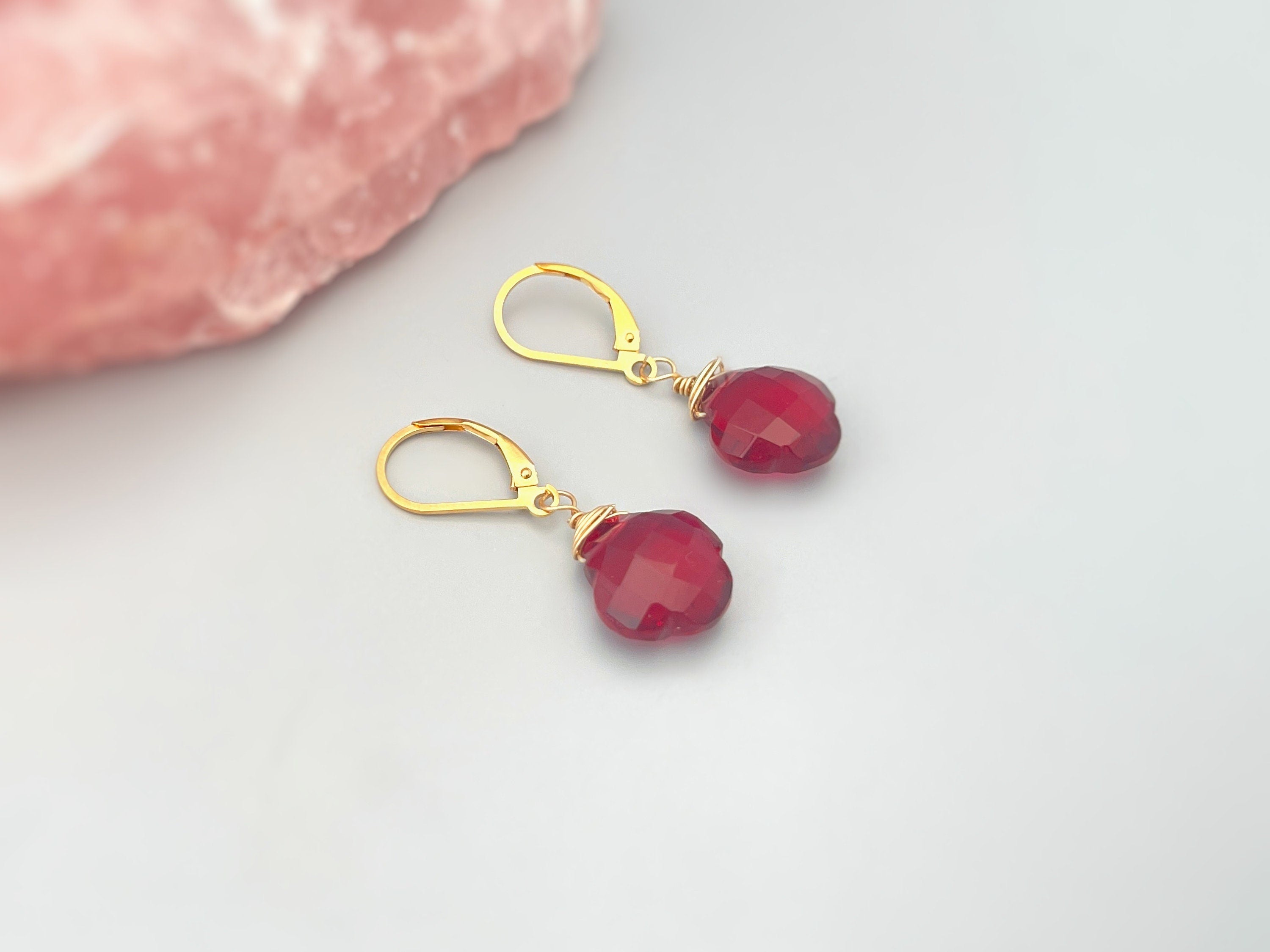 Ruby Red Clover Earrings 14k Gold, Sterling Silver dangle drop Silver Unique Customizable Handmade Gemstone jewelry for women