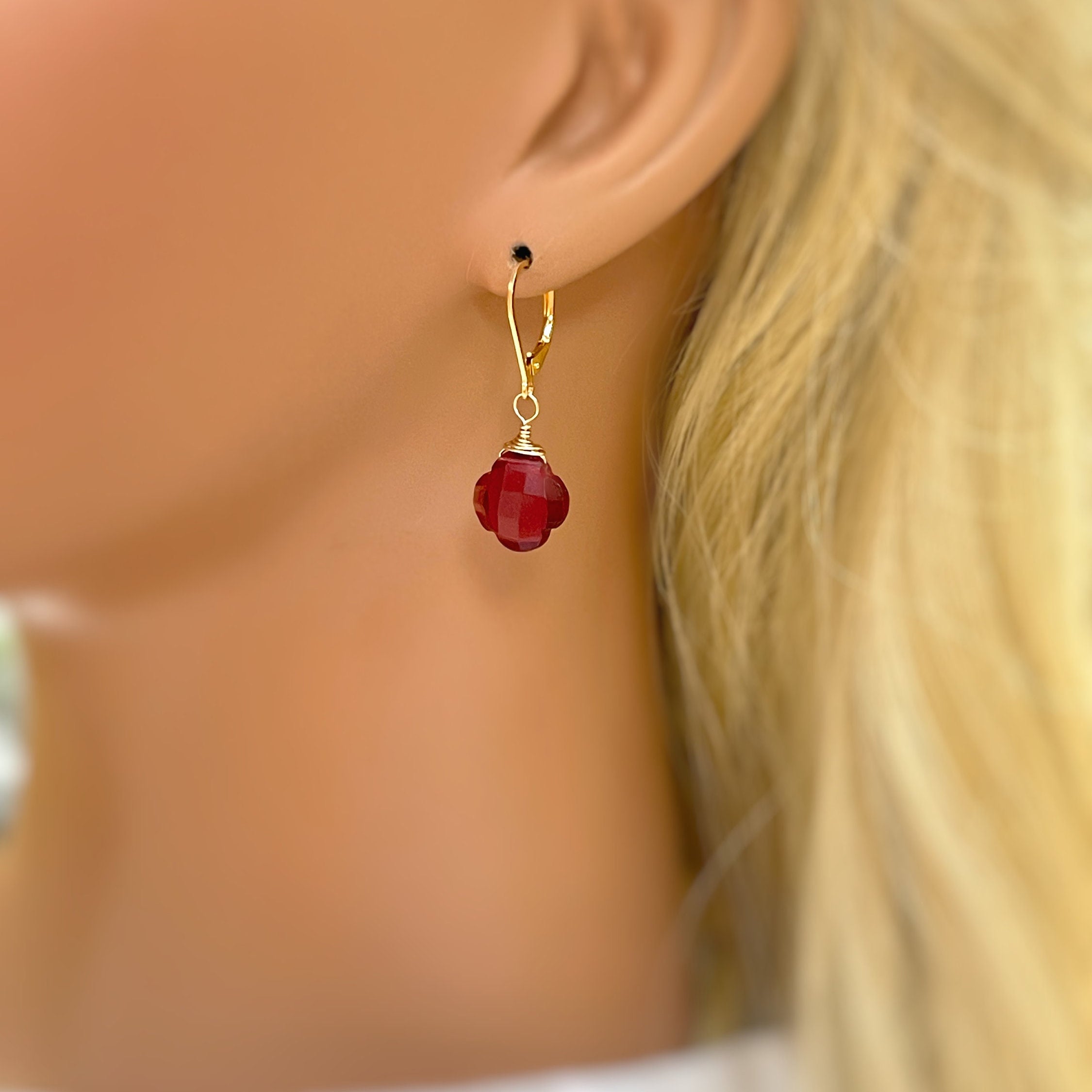 Ruby Red Clover Earrings 14k Gold, Sterling Silver dangle drop Silver Unique Customizable Handmade Gemstone jewelry for women