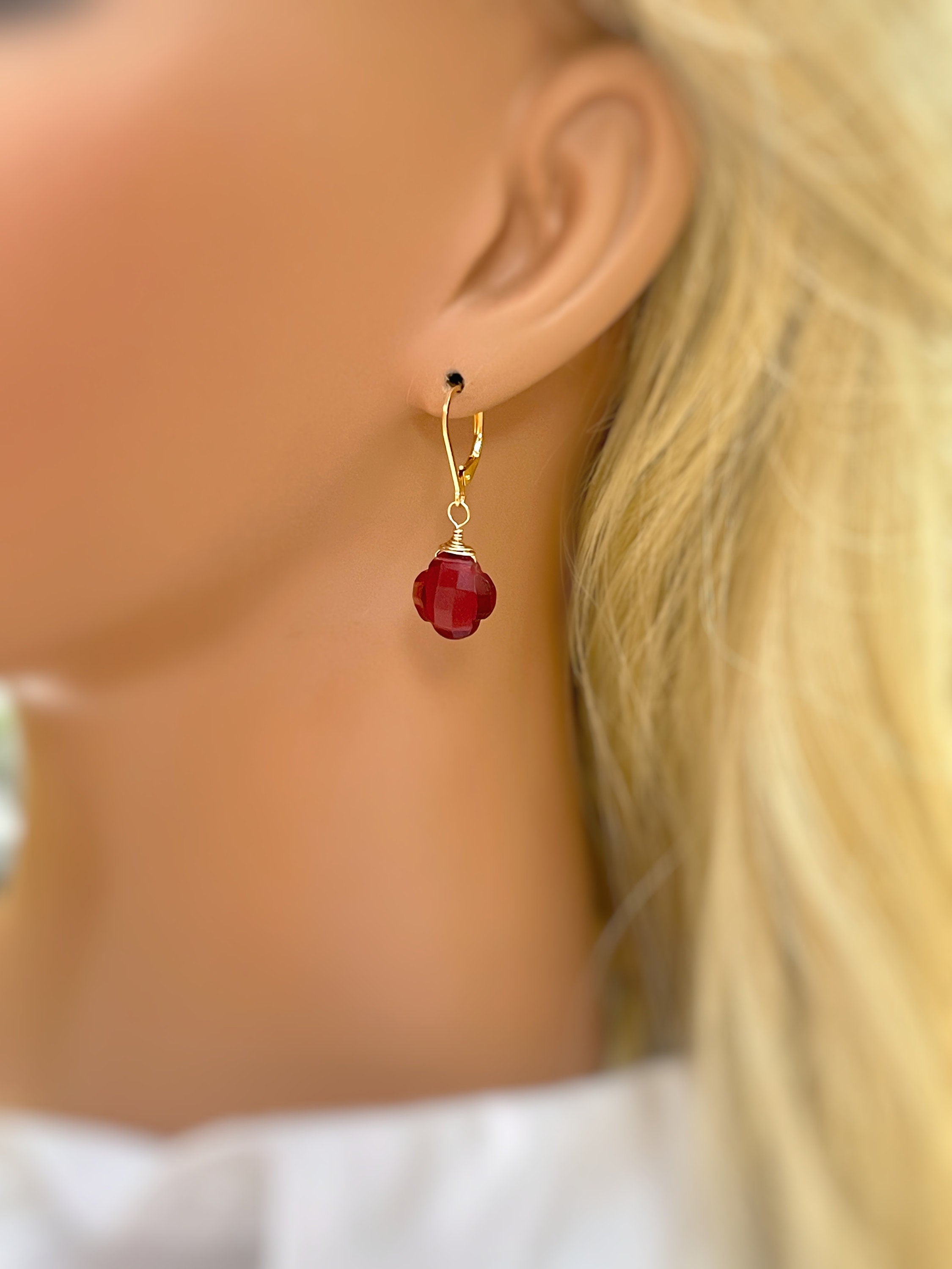 Ruby Red Clover Earrings 14k Gold, Sterling Silver dangle drop Silver Unique Customizable Handmade Gemstone jewelry for women