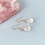 Rose Quartz Earrings Dangle Rose Gold, Sterling Silver Dangling smooth teardrop soft pink gemstone Handmade January birthstone jewelry gift