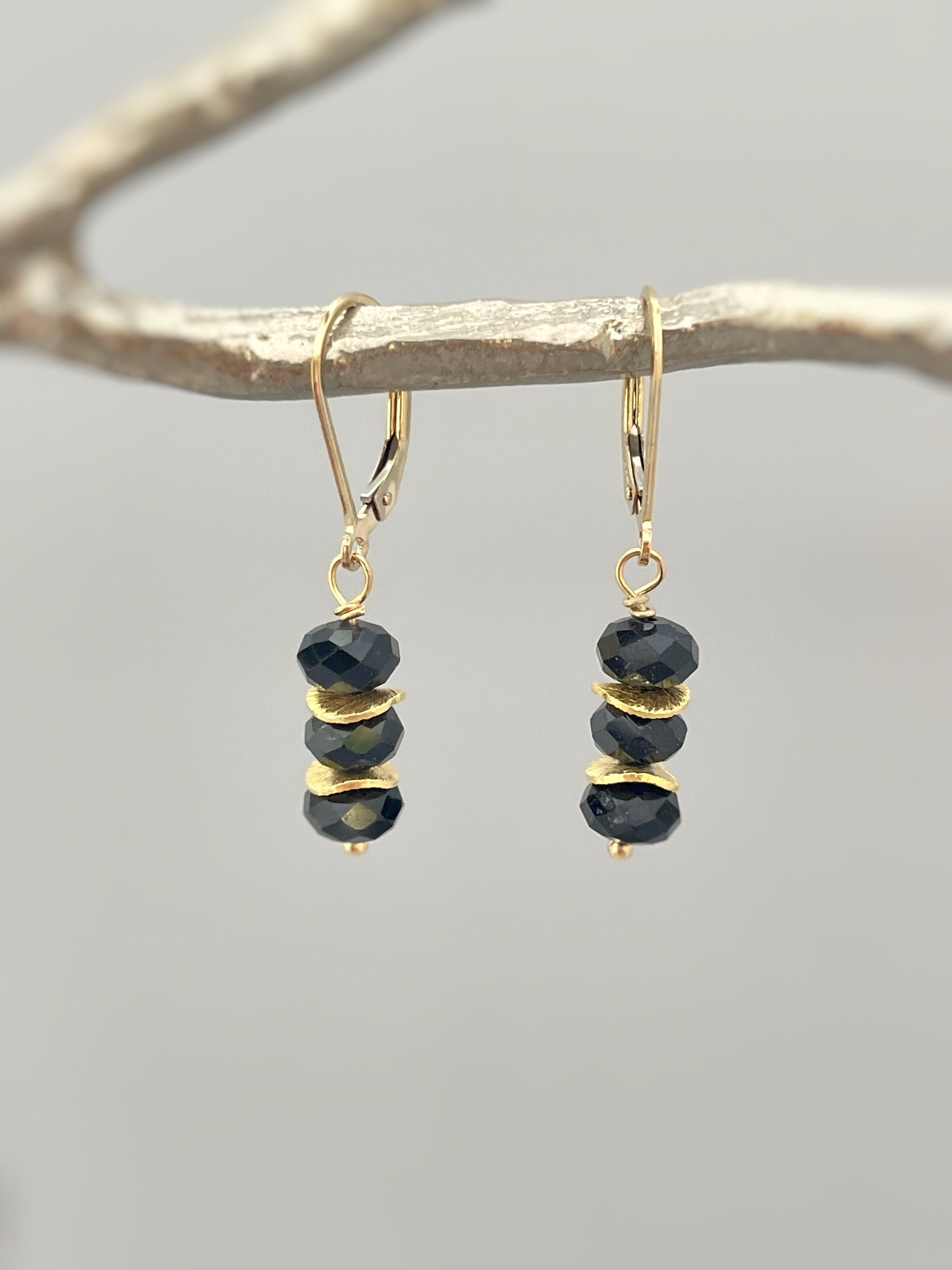 Black Tourmaline Earrings dangle, 14k gold, sterling silver boho dangly black gemstone lightweight everyday jewelry for women Birthstone