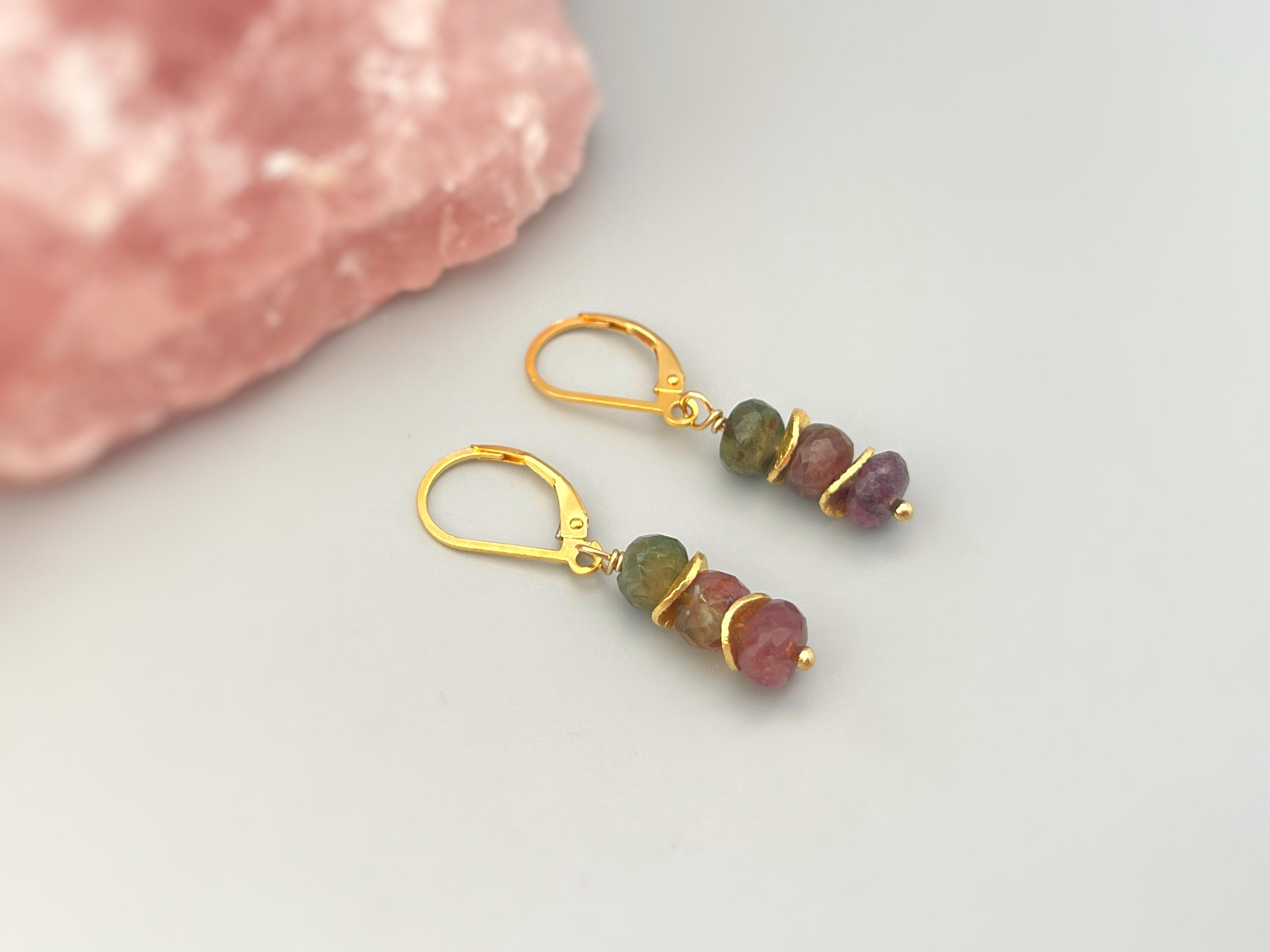 Watermelon Tourmaline Earrings dangle, 14k gold boho gemstone jewelry
