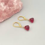 Ruby Red Gemstone Earrings dangle 14k gold, Sterling Silver, Rose Gold Dainty tear drop Quartz crystal dangly Handmade Birthstone Jewelry