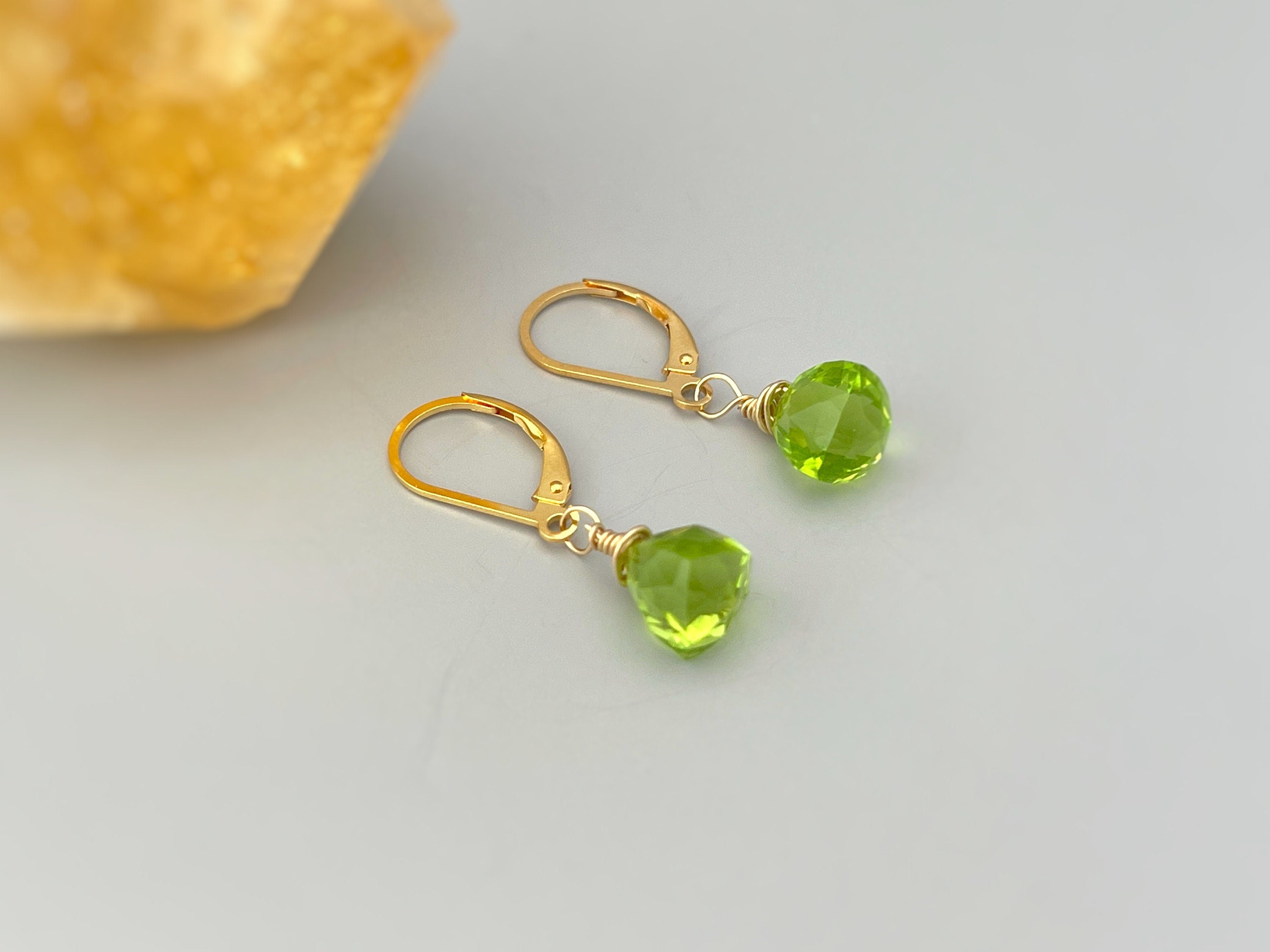 Peridot Green Gemstone Earrings dangle Sterling Silver 14k gold Rose Gold Dainty tear drop Quartz crystal dangly Handmade Birthstone Jewelry