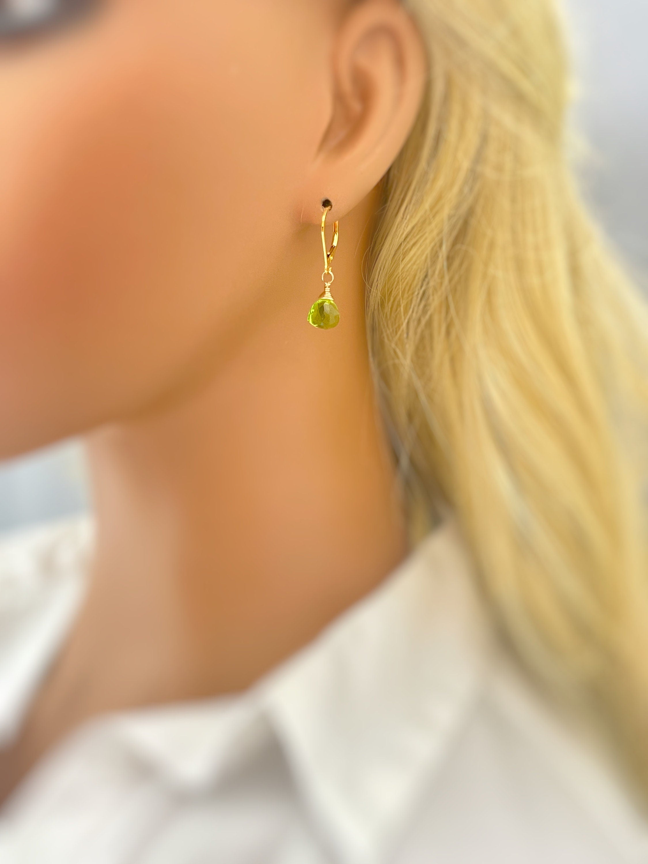 Peridot Green Gemstone Earrings dangle Sterling Silver 14k gold Rose Gold Dainty tear drop Quartz crystal dangly Handmade Birthstone Jewelry