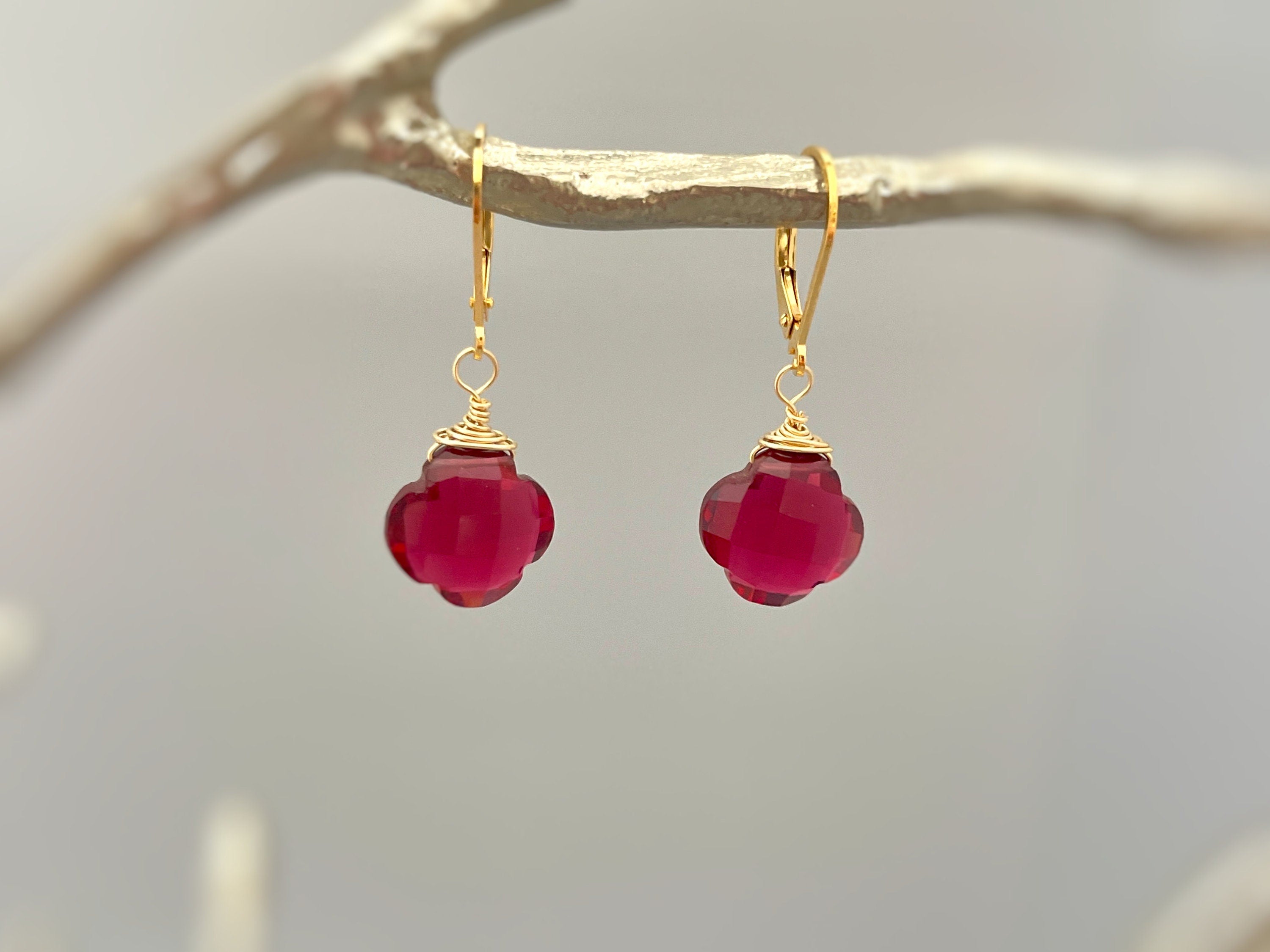 Ruby Red Clover Earrings 14k Gold, Sterling Silver dangle drop Silver Unique Customizable Handmade Gemstone jewelry for women