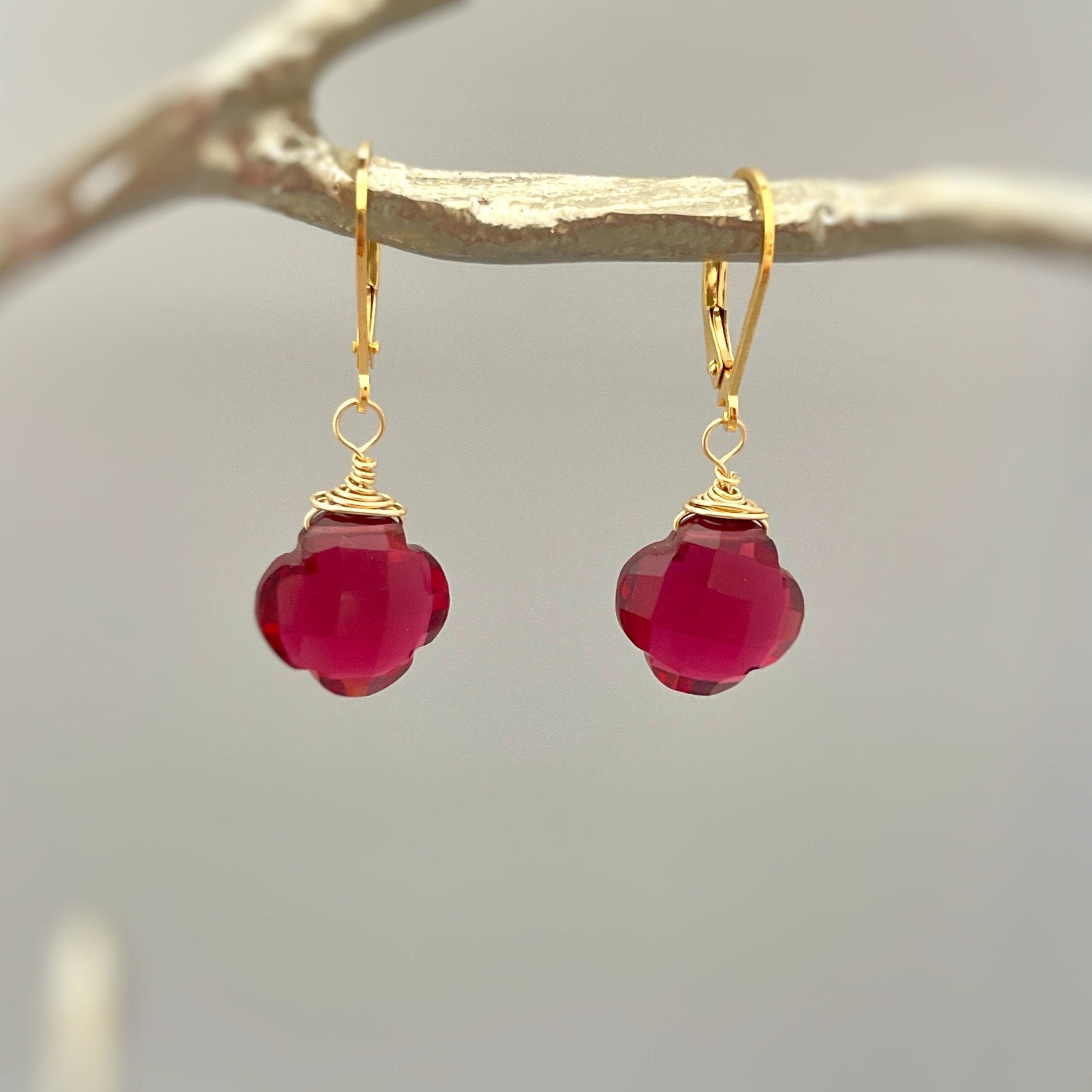 Ruby Red Clover Earrings 14k Gold, Sterling Silver dangle drop Silver Unique Customizable Handmade Gemstone jewelry for women