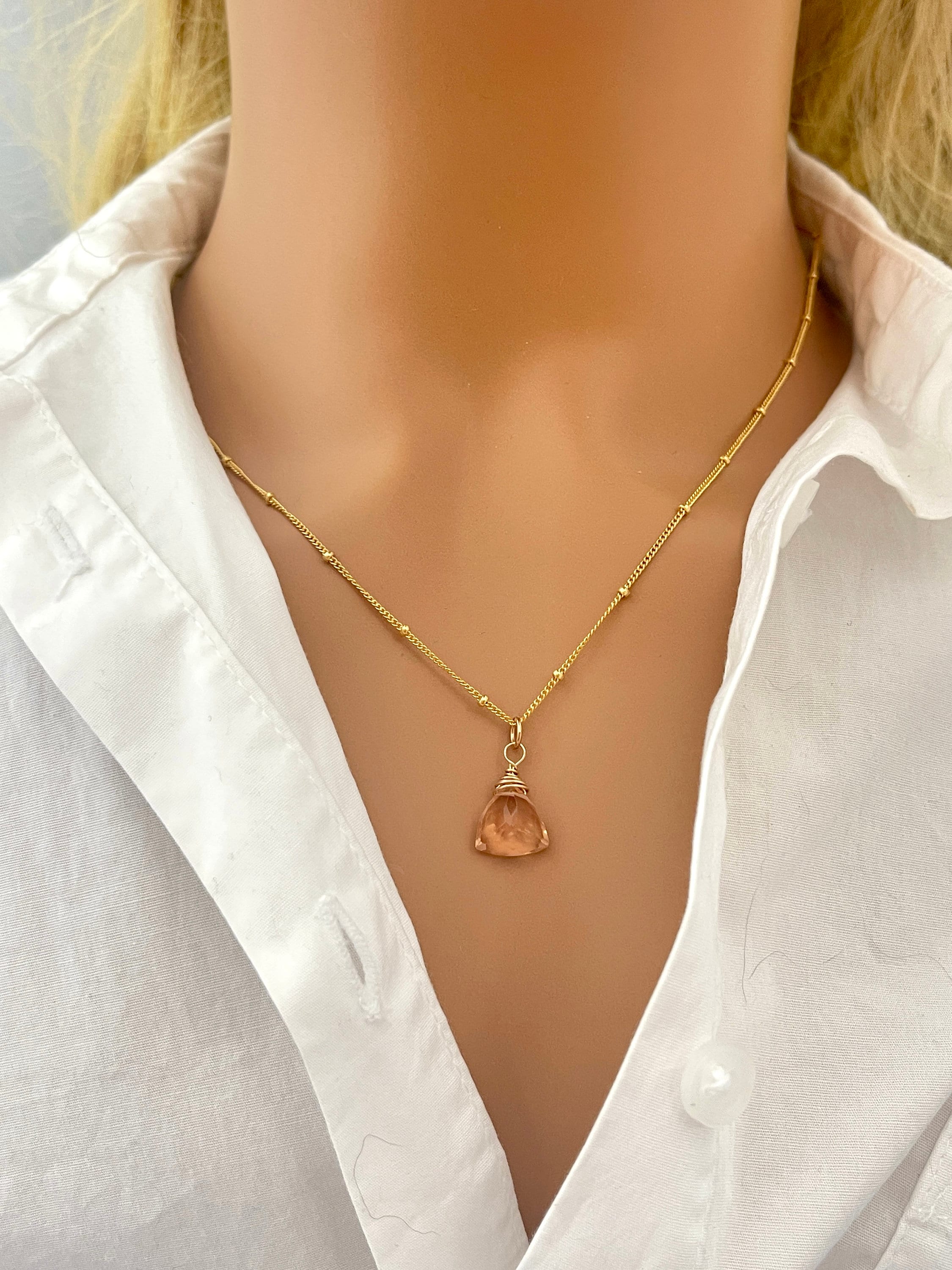 Morganite Necklace 14k gold fill, Rose Gold, Sterling Silver peach pink quartz