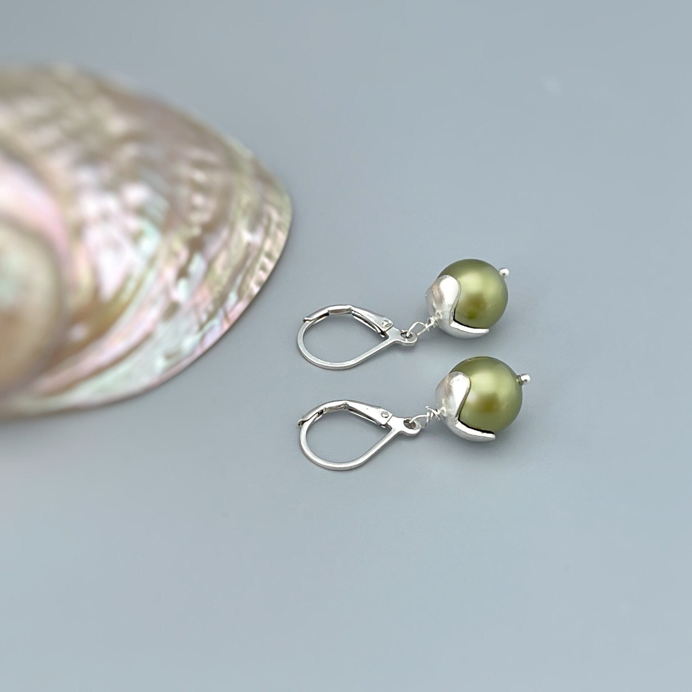 Pea Pod Pearl Earrings Dangle Sterling Silver
