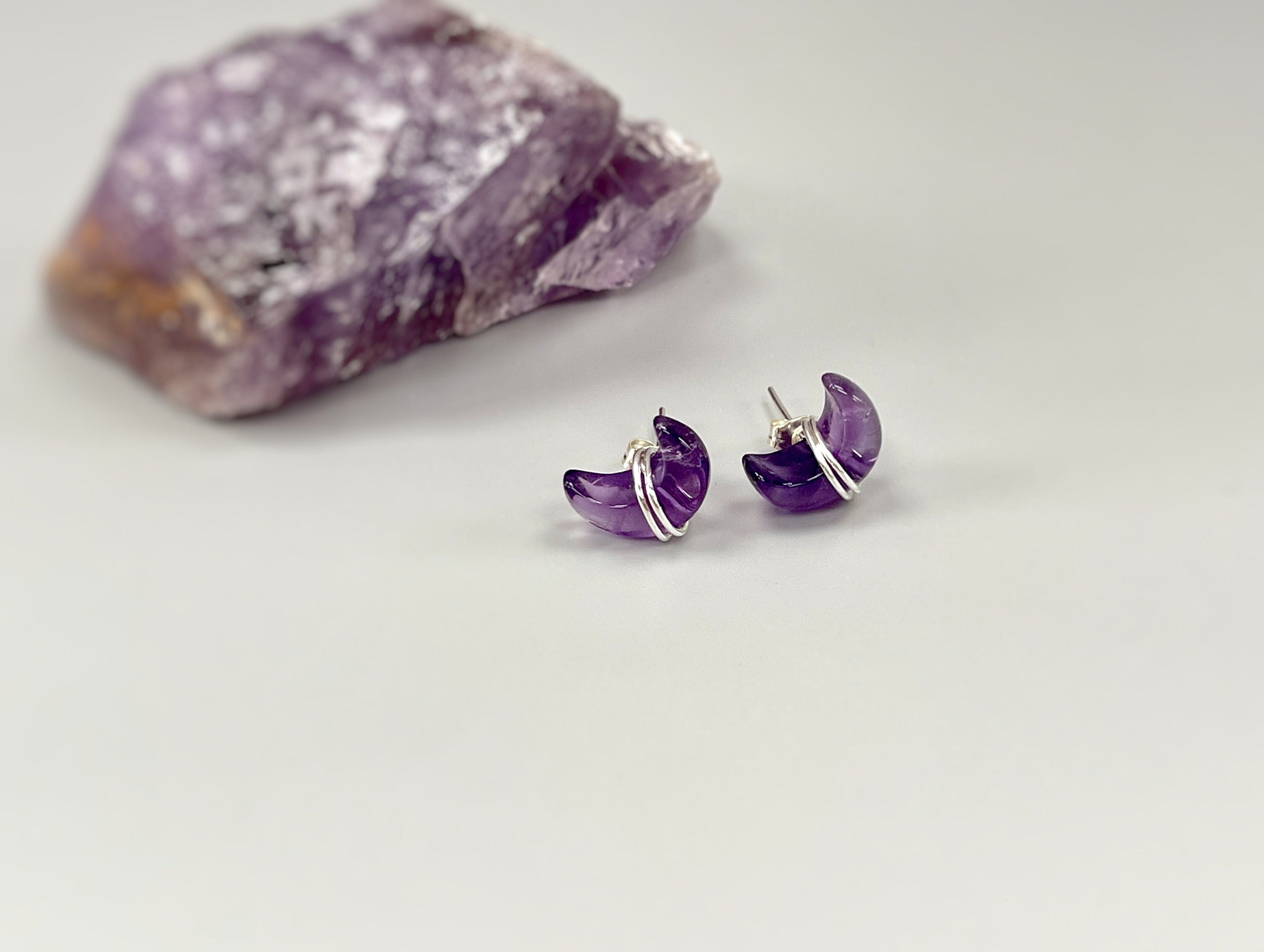 Crescent Moon Amethyst Stud Earrings in Sterling Silver