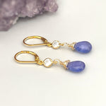 Dainty Tanzanite Earrings dangle, Gold Dangly purple gemstone crystal 14k Handmade December Birthstone Jewelry for women