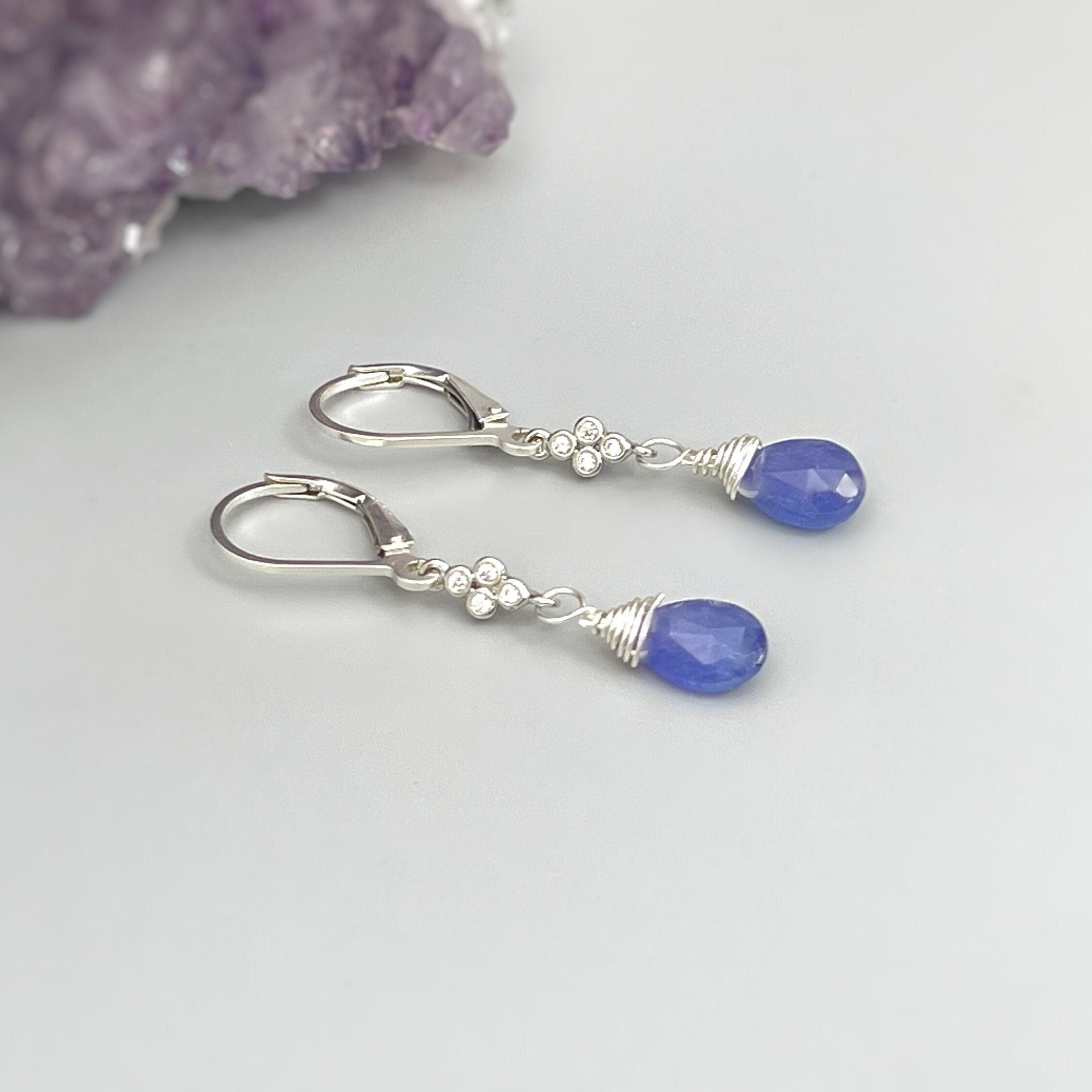 Tanzanite earrings dangle Sterling Silver, Rose Gold, 14k Gold, dangly boho dainty Purple crystal jewelry for women, December gift for wife