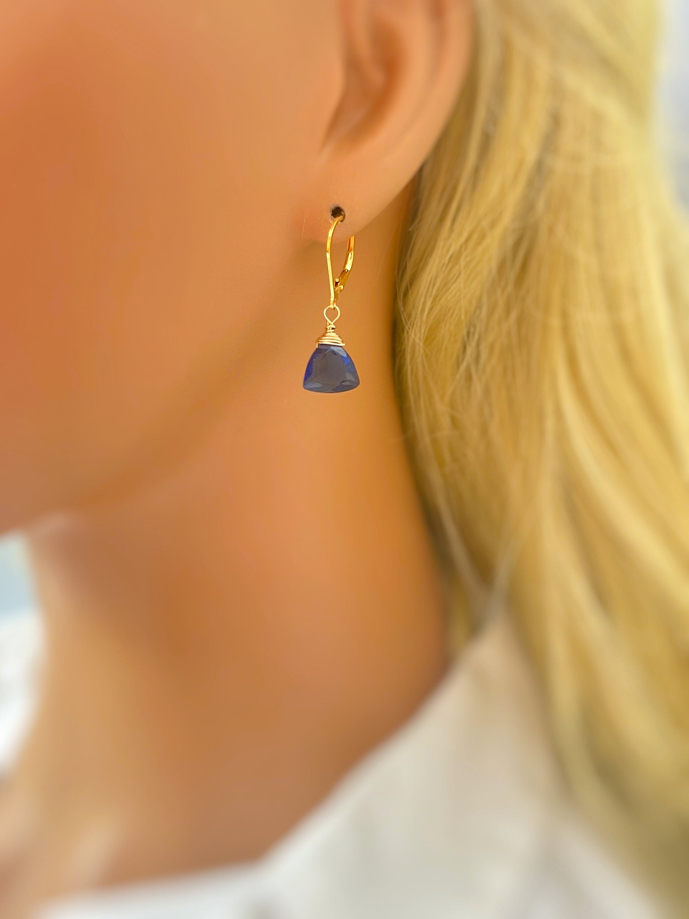 Dainty Sapphire Blue Earrings dangly 14k gold sterling silver boho dangle gemstone handmade jewelry for women September Birthstone