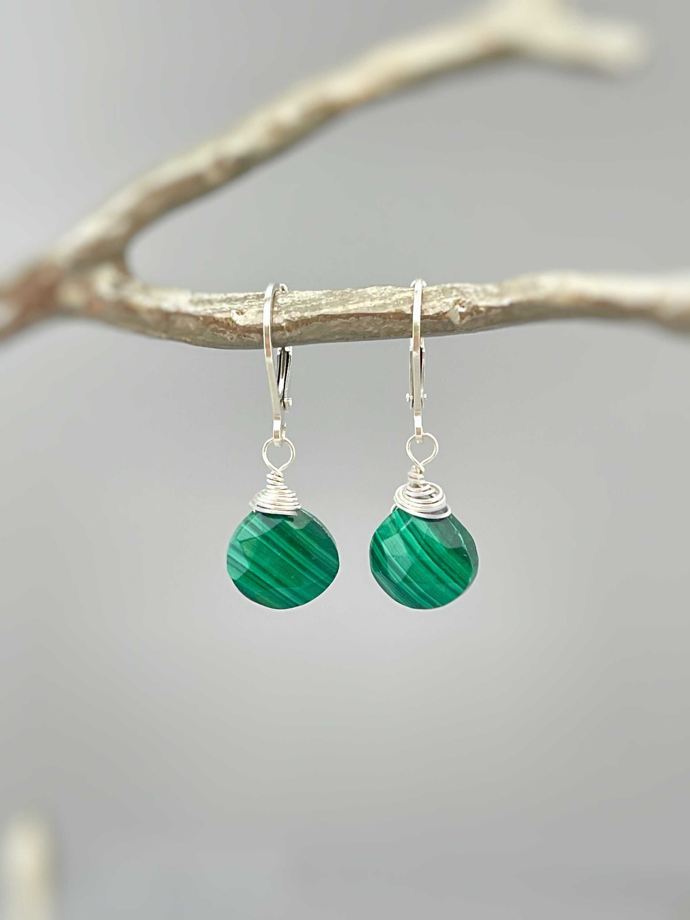 Malachite Earrings Silver, dangle, Boho Green gemstone 14k Gold Fill, Rose Gold dangly handmade Birthstone artisan jewelry for women