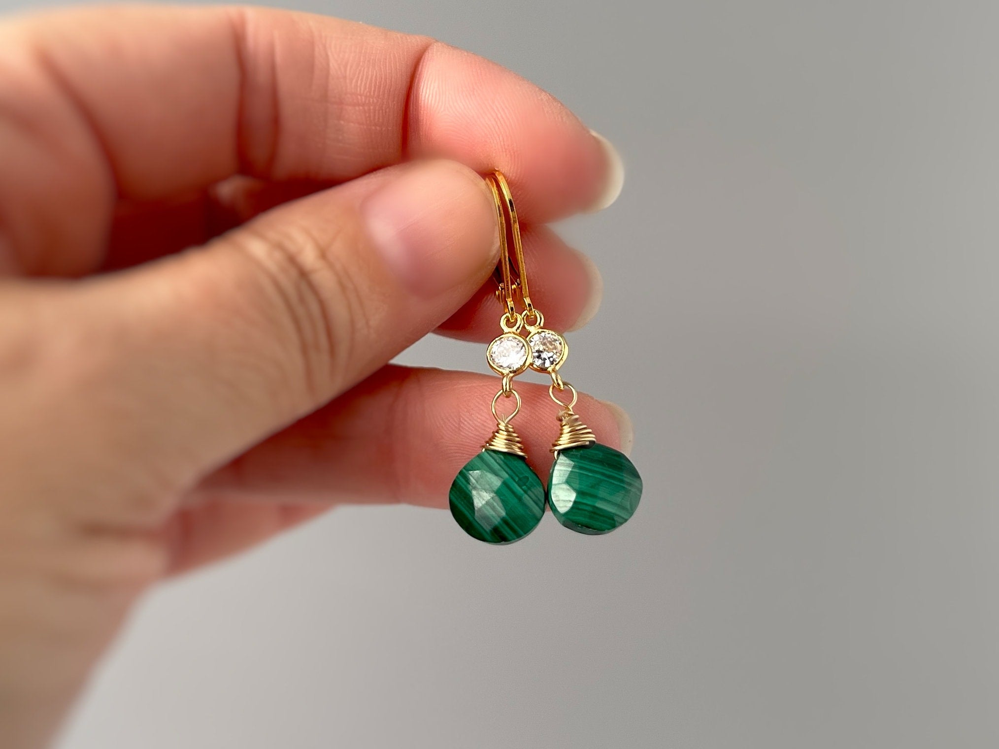 Facetted Malachite and Crystal Earrings Gold