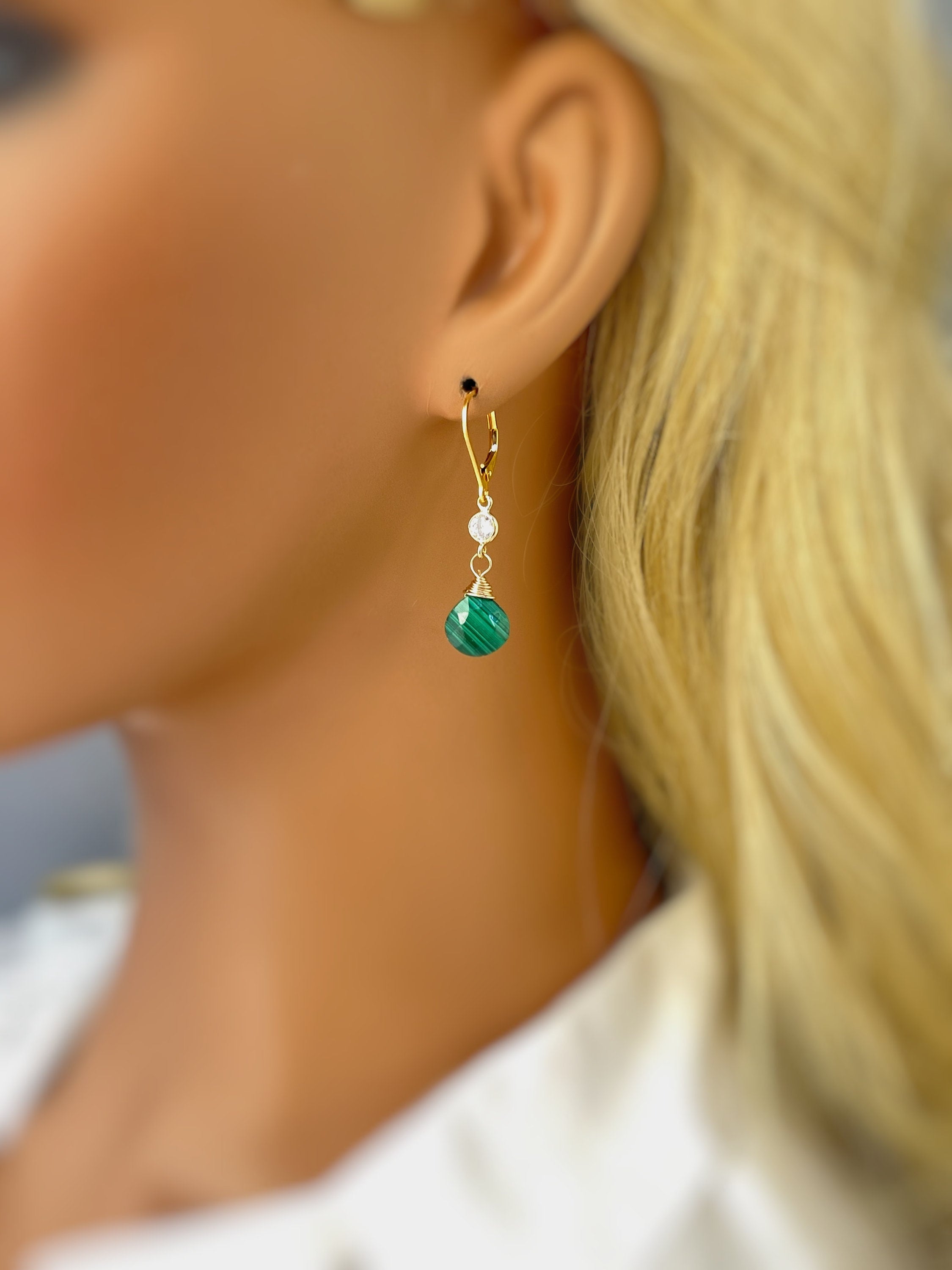 Facetted Malachite and Crystal Earrings Gold