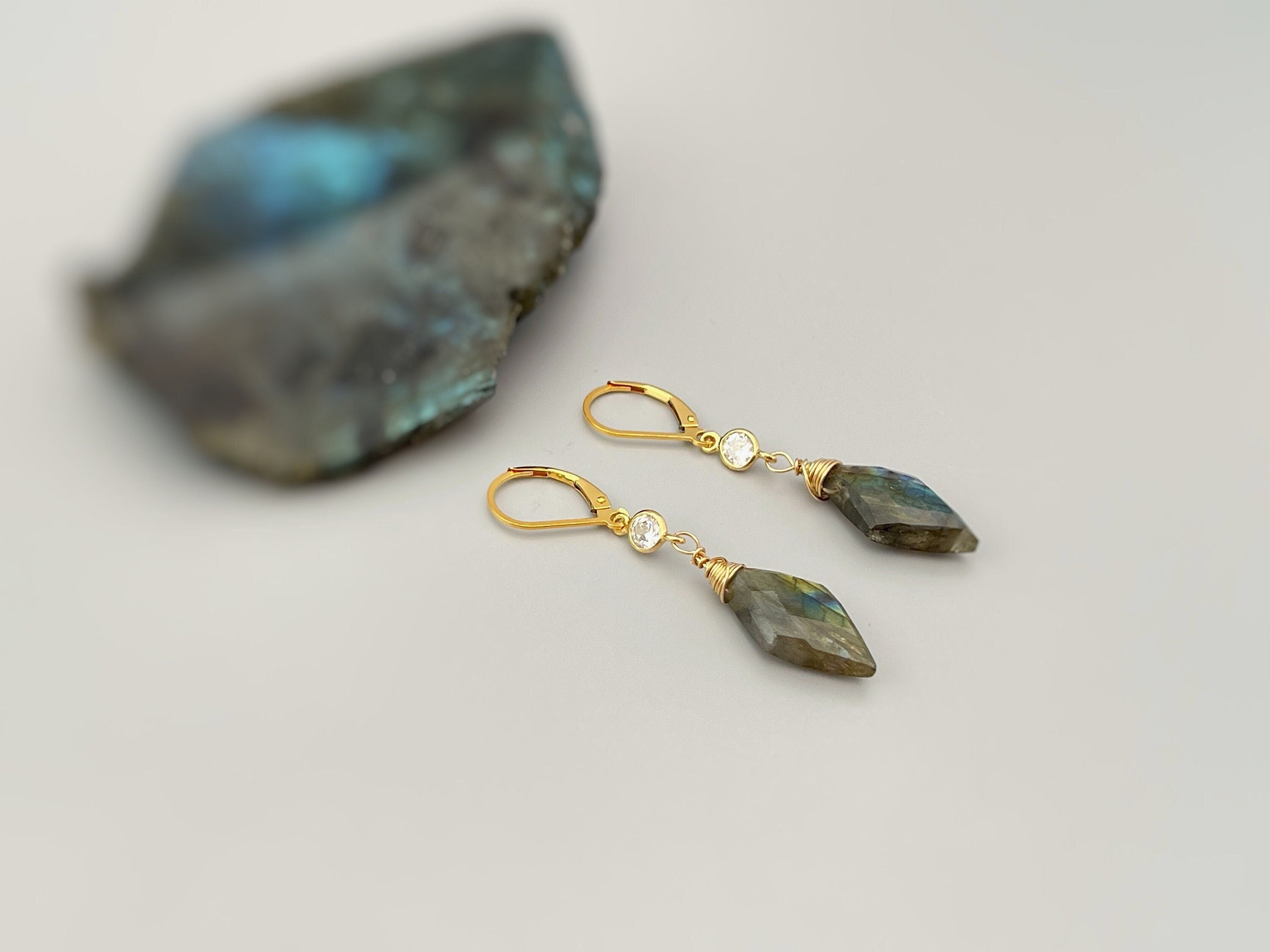 Handmade Labradorite earrings gold dangle Crystal Gemstone 14k dangly tear drop boho gemstone jewelry for women, birthstone gift for wife