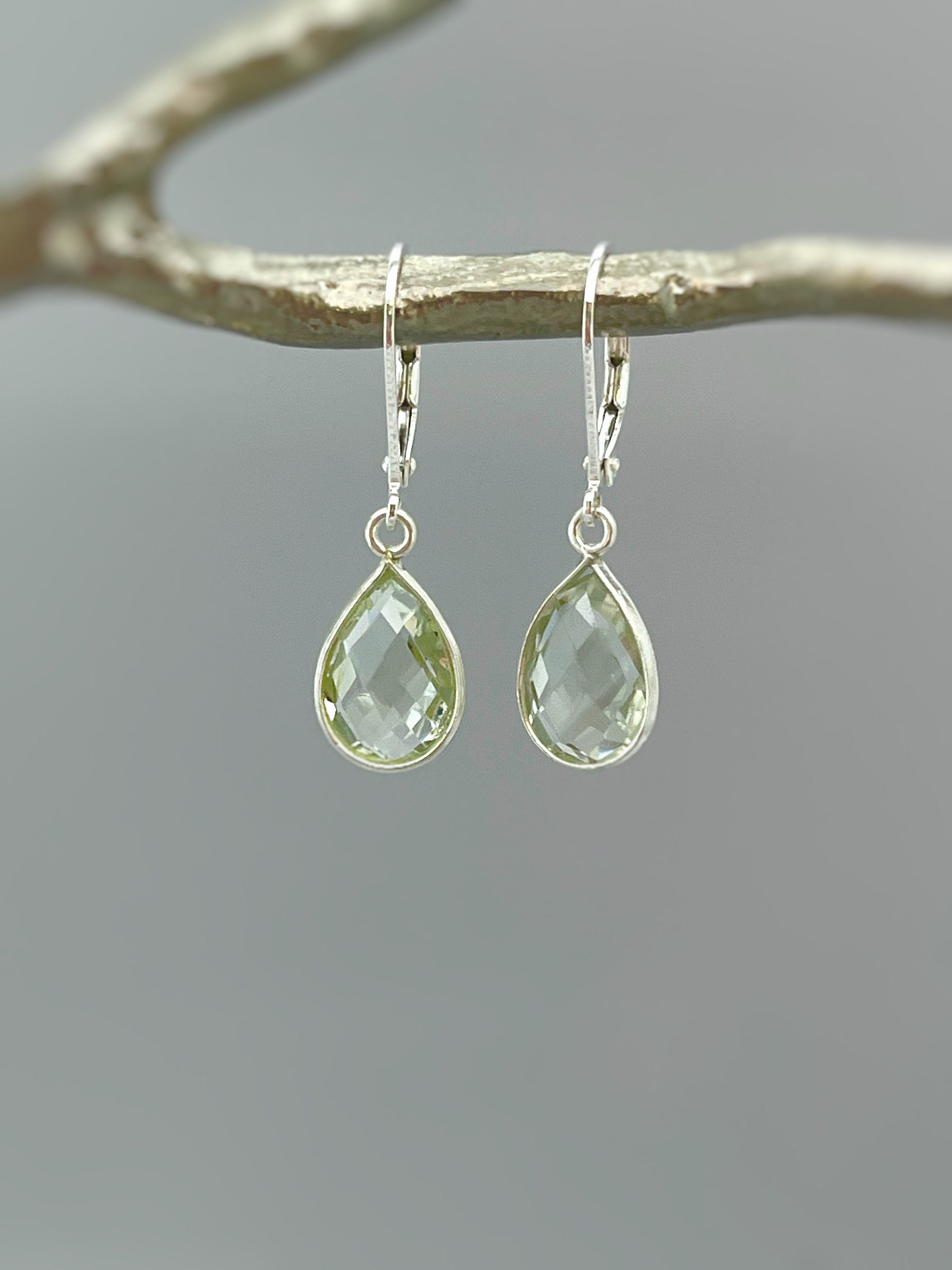 Dainty Green Amethyst earrings Dangle Sterling Silver sage green Prasiolite Gemstone dangly drop earrings Handmade Jewelry gift for wife