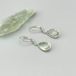 Dainty Green Amethyst earrings Dangle Sterling Silver sage green Prasiolite Gemstone dangly drop earrings Handmade Jewelry gift for wife