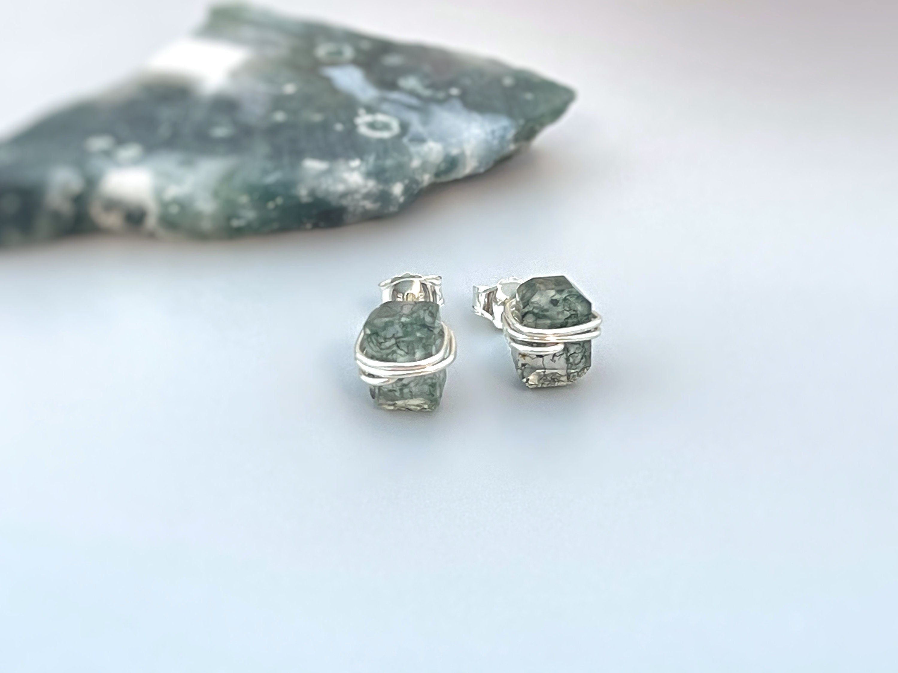 Moss Agate Stud Earrings Rose Gold, 14k gold Fill, Sterling Silver