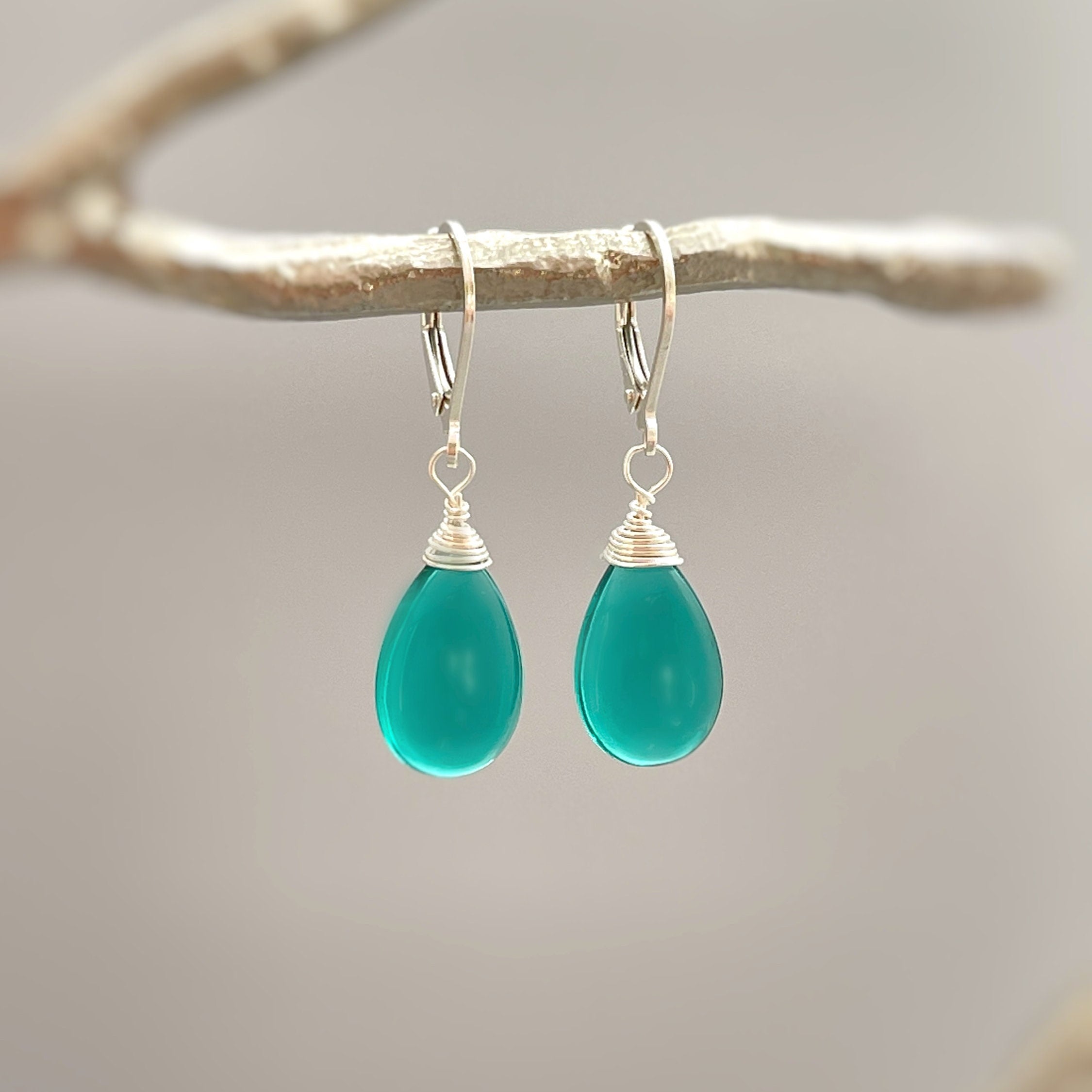 Emerald Green Earrings Dangle Sterling Silver 14k Gold fill Green Quartz dangly earrings Handmade Teal Gemstone Jewelry May Birthstone gift