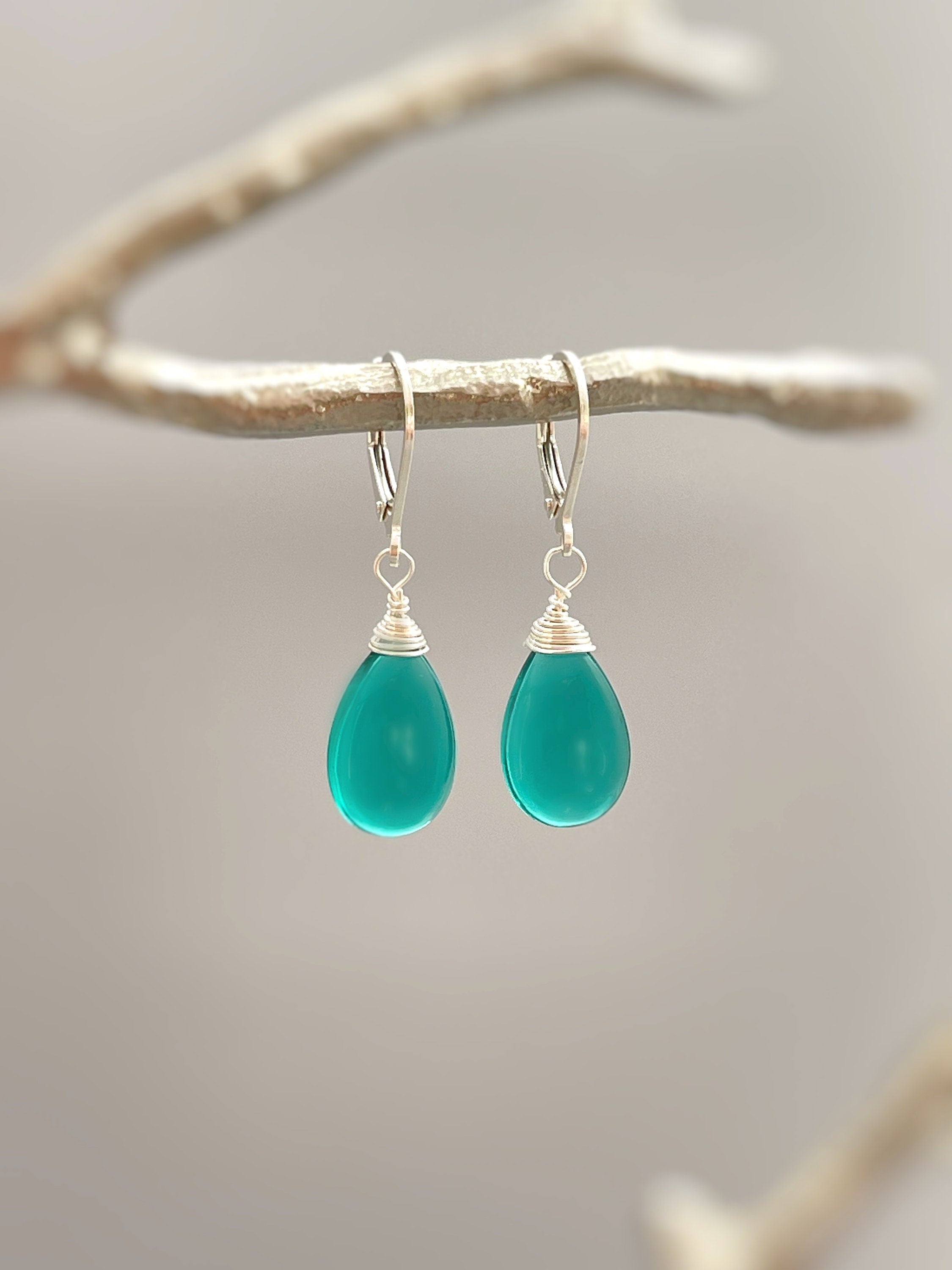 Emerald Green Earrings Dangle Sterling Silver 14k Gold fill Green Quartz dangly earrings Handmade Teal Gemstone Jewelry May Birthstone gift