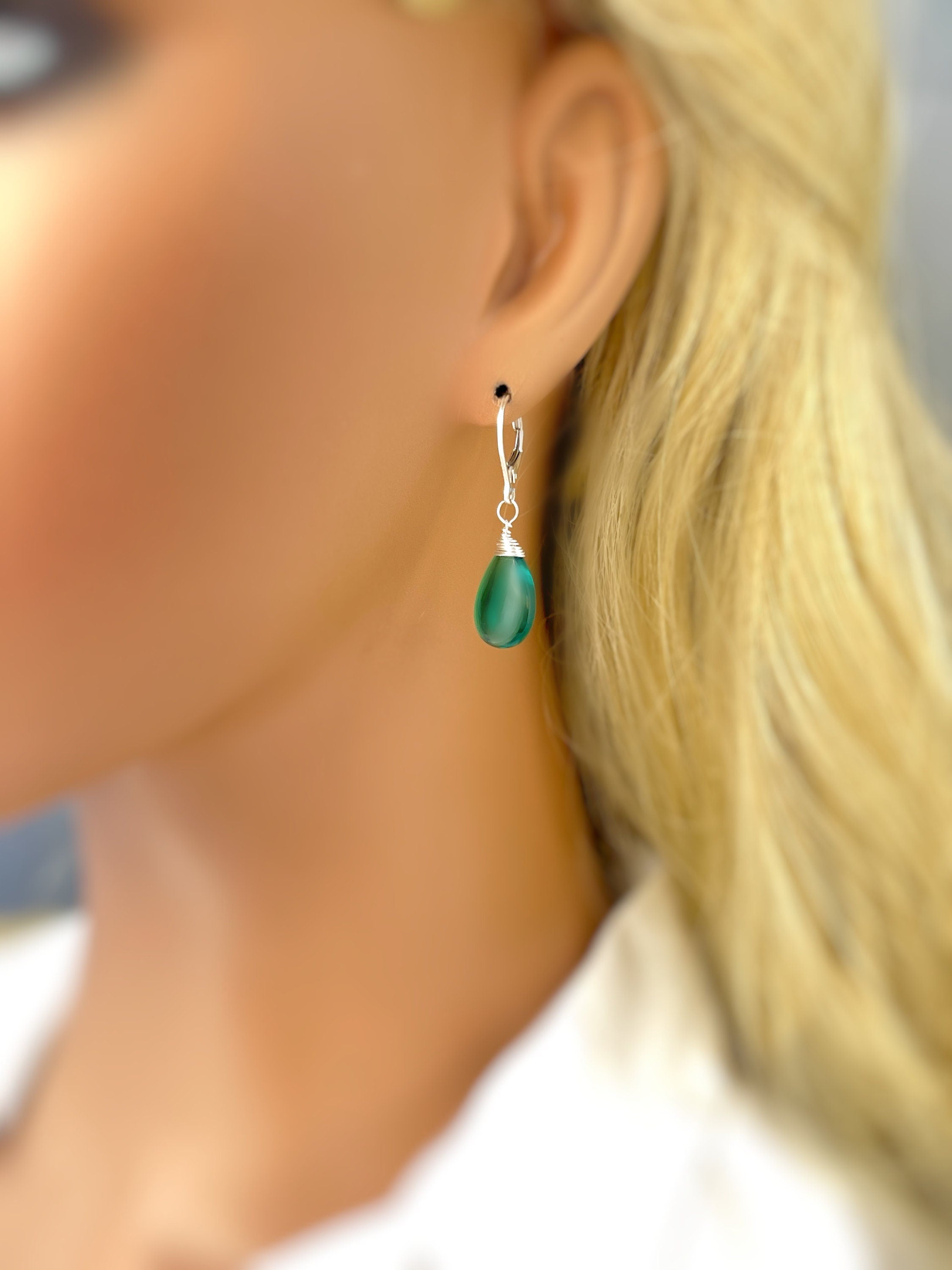 Emerald Green Earrings Dangle Sterling Silver 14k Gold fill Green Quartz dangly earrings Handmade Teal Gemstone Jewelry May Birthstone gift