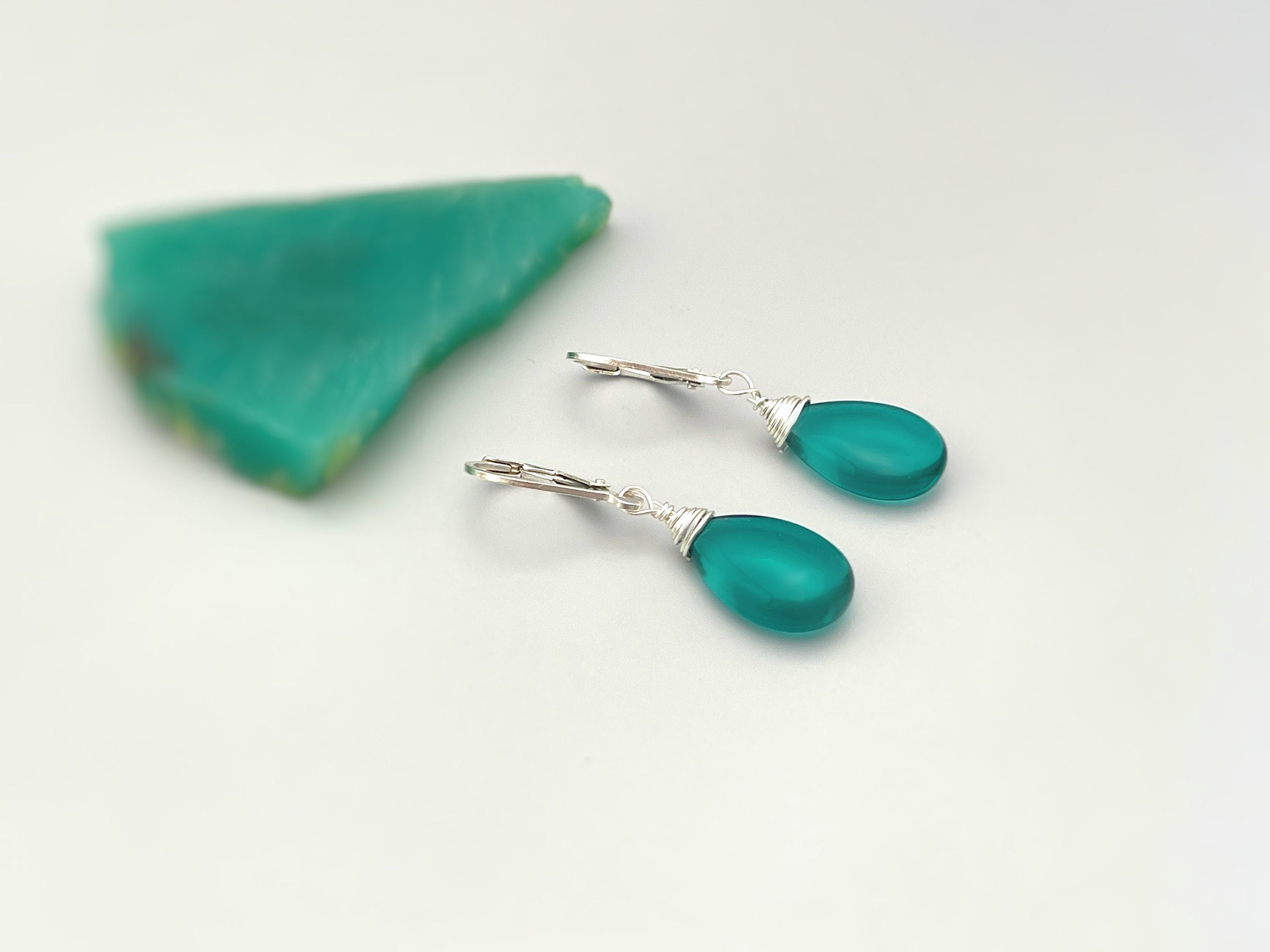 Emerald Green Earrings Dangle Sterling Silver 14k Gold fill Green Quartz dangly earrings Handmade Teal Gemstone Jewelry May Birthstone gift