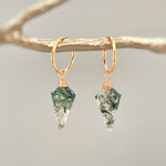Moss Agate Huggie Hoop Earrings in Rose Gold Fill