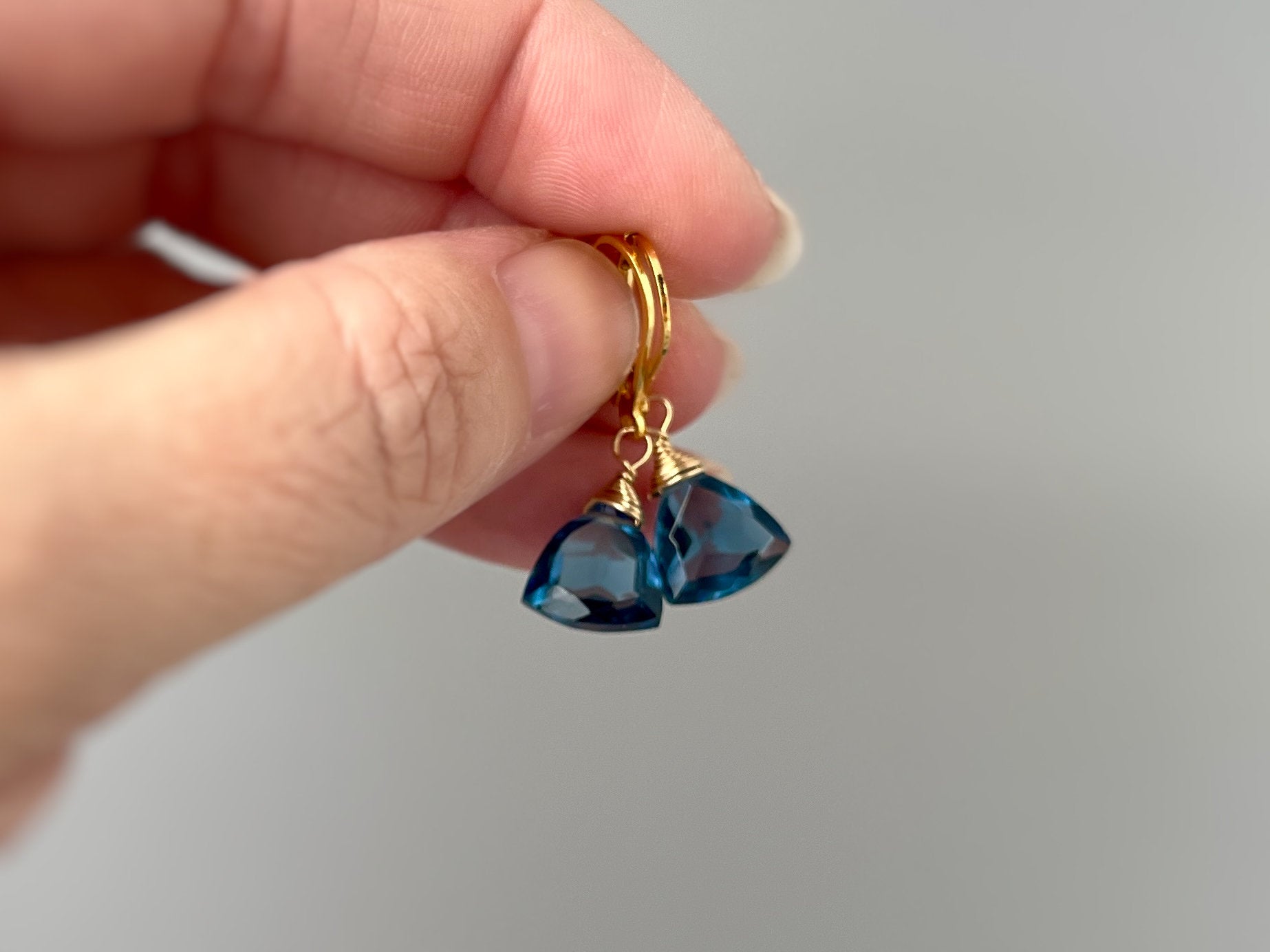 Dainty London Blue Earrings dangly sterling silver 14k gold boho dangle Topaz Quartz gemstone handmade jewelry for women November Birthstone