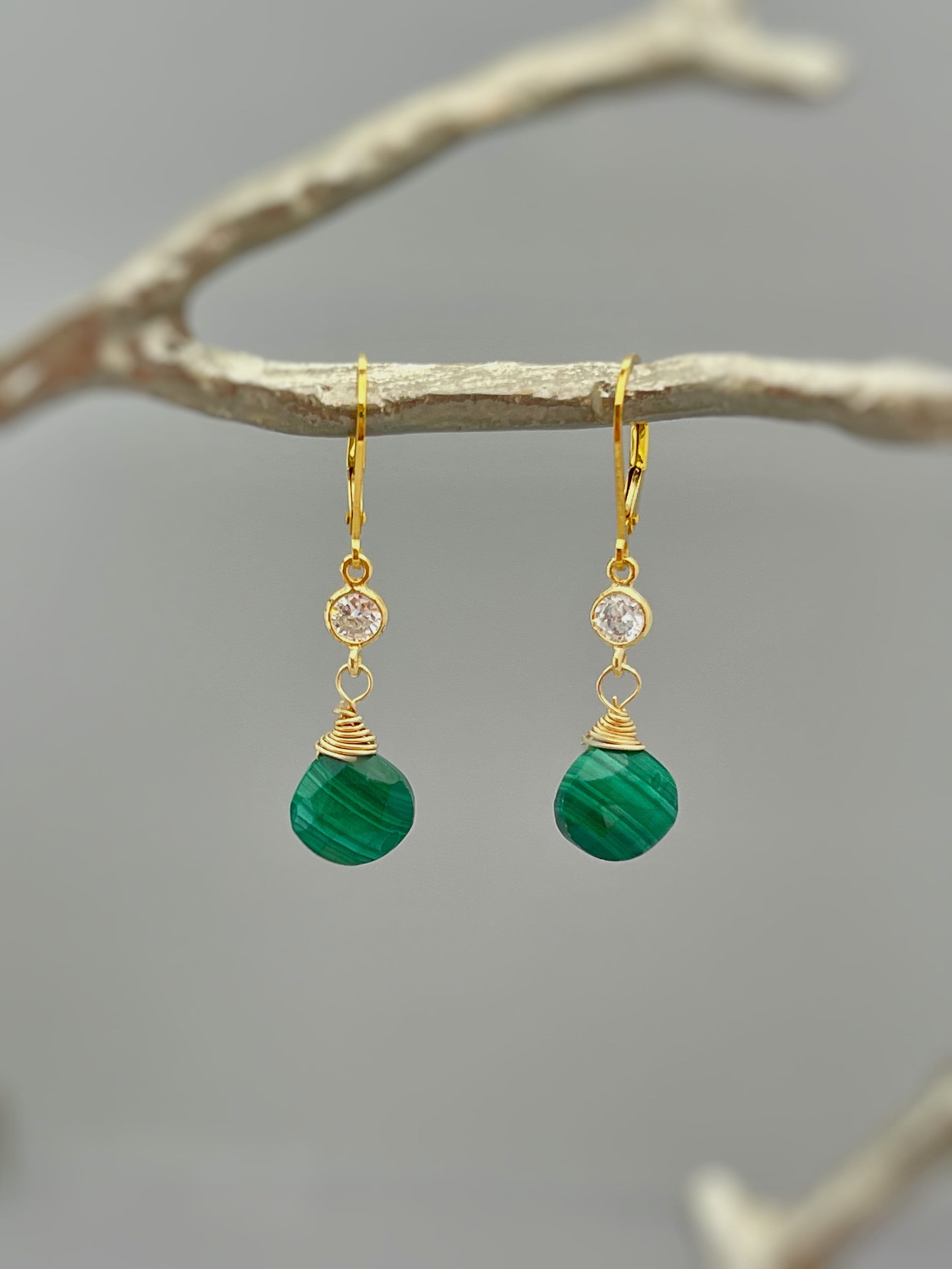 Malachite Green earrings dangle Dainty Gold Crystal Gemstone 14k dangly tear drop boho handmade jewelry for women, birthstone gift for wife