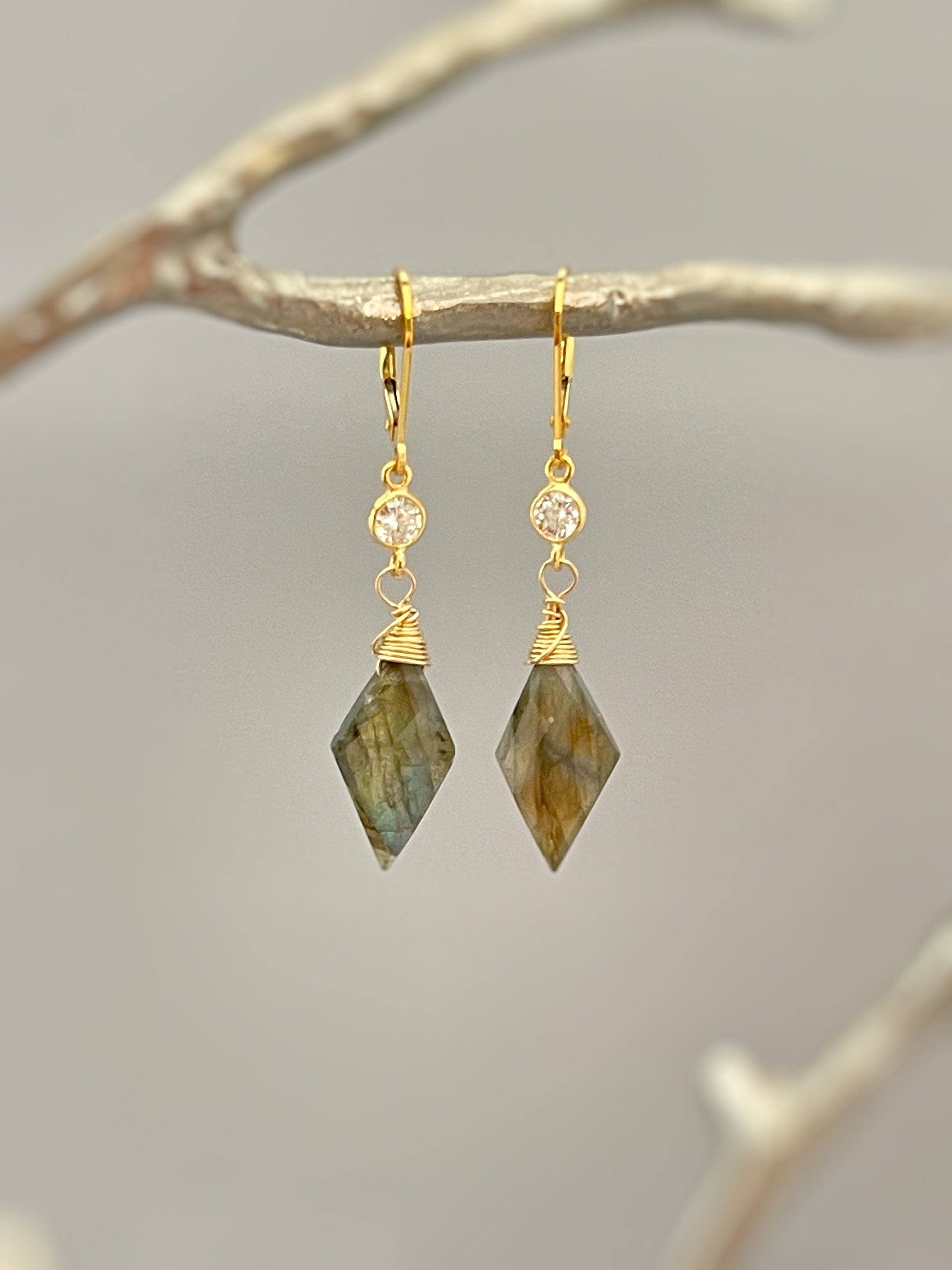 Handmade Labradorite earrings gold dangle Crystal Gemstone 14k dangly tear drop boho gemstone jewelry for women, birthstone gift for wife