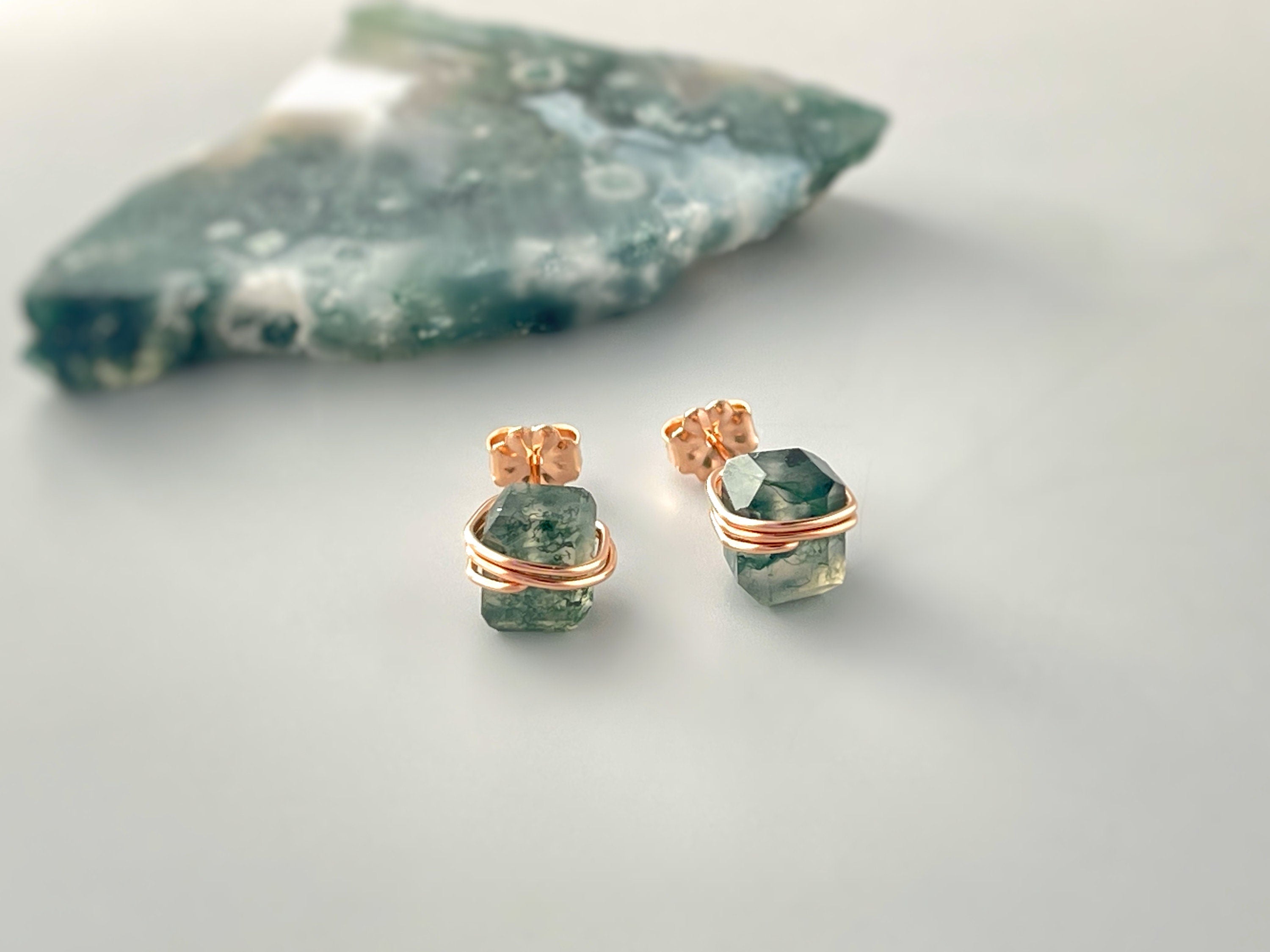 Moss Agate Stud Earrings Rose Gold, 14k gold Fill, Sterling Silver