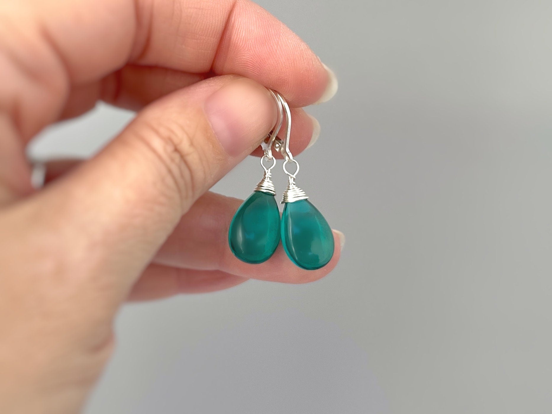 Emerald Green Earrings Dangle Sterling Silver 14k Gold fill Green Quartz dangly earrings Handmade Teal Gemstone Jewelry May Birthstone gift